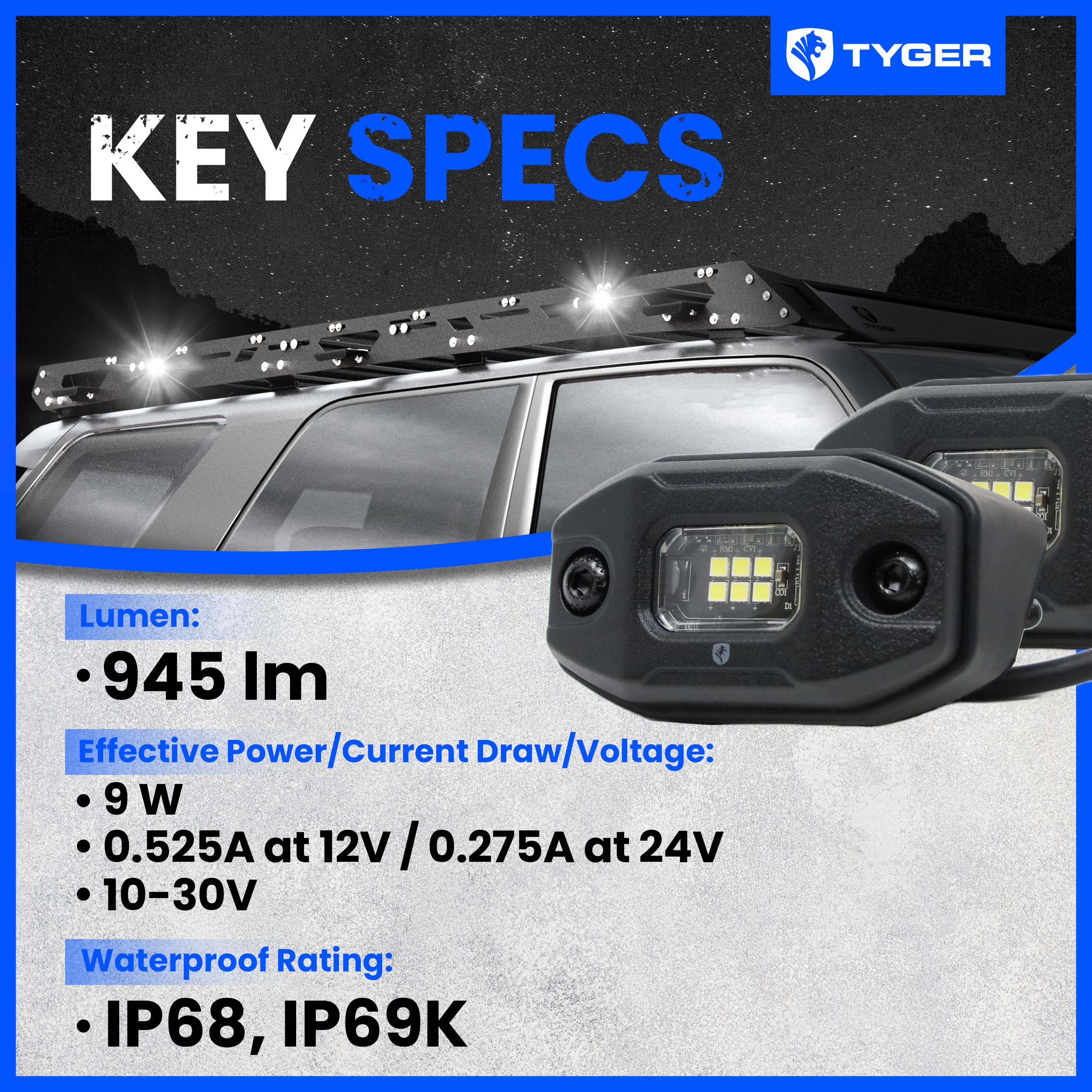 Tyger Auto Off-Road LED Flood Light Pods Vehicle Rack | 2-Pack | 6500K Day White | Wire to 12V or 24V | 9W Each | IP68 / IP69K Waterproof | Flat or 30 Degrees Tilt | Trucks SUV ATV UTV | TG-LT2U3338