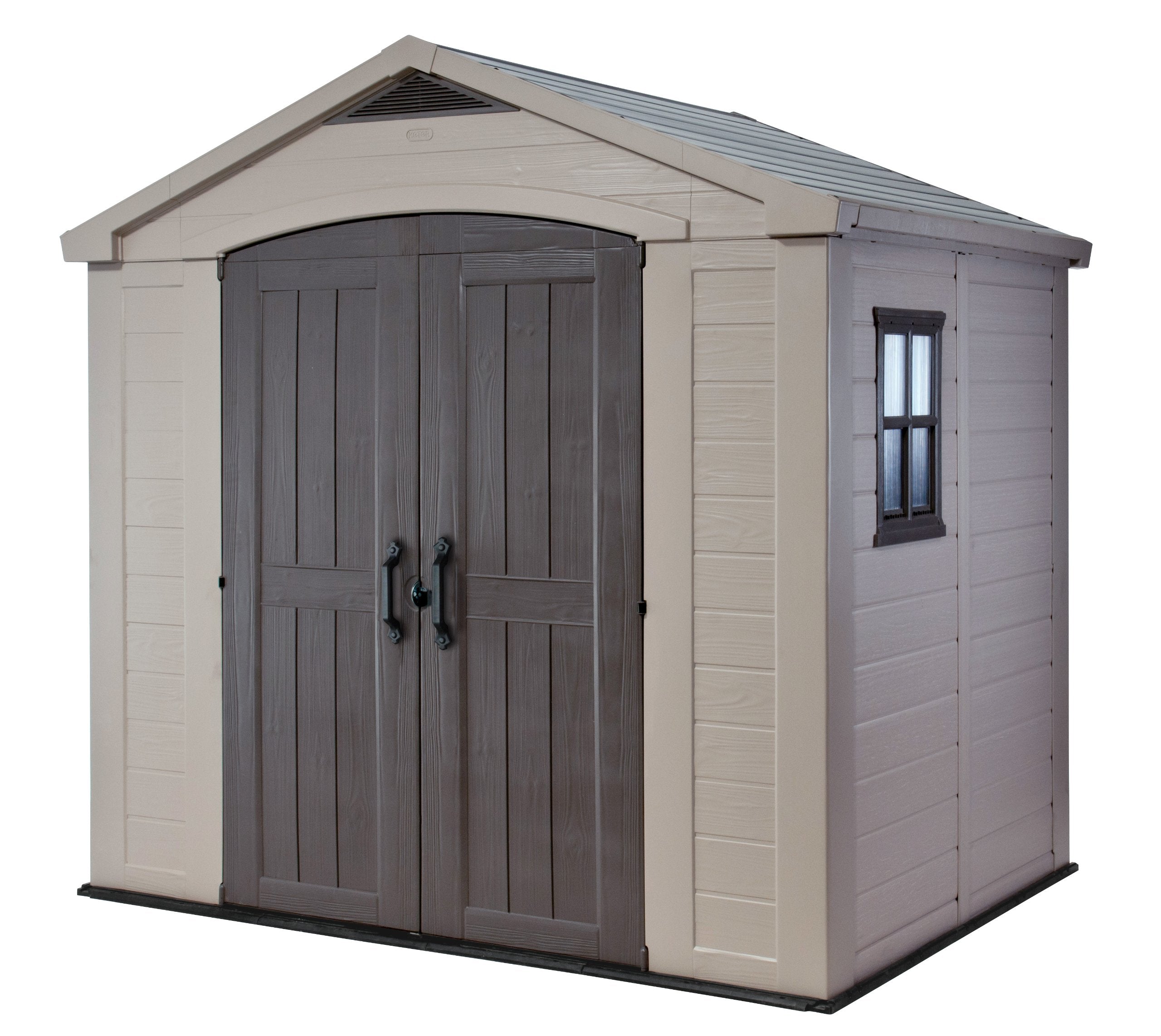 Keter Large Factor (8x6 ft) Resin Outdoor Storage Shed for Patio Furniture, Lawn Mower, Garden Accessories Yard Tools, and Pool Toys, Taupe