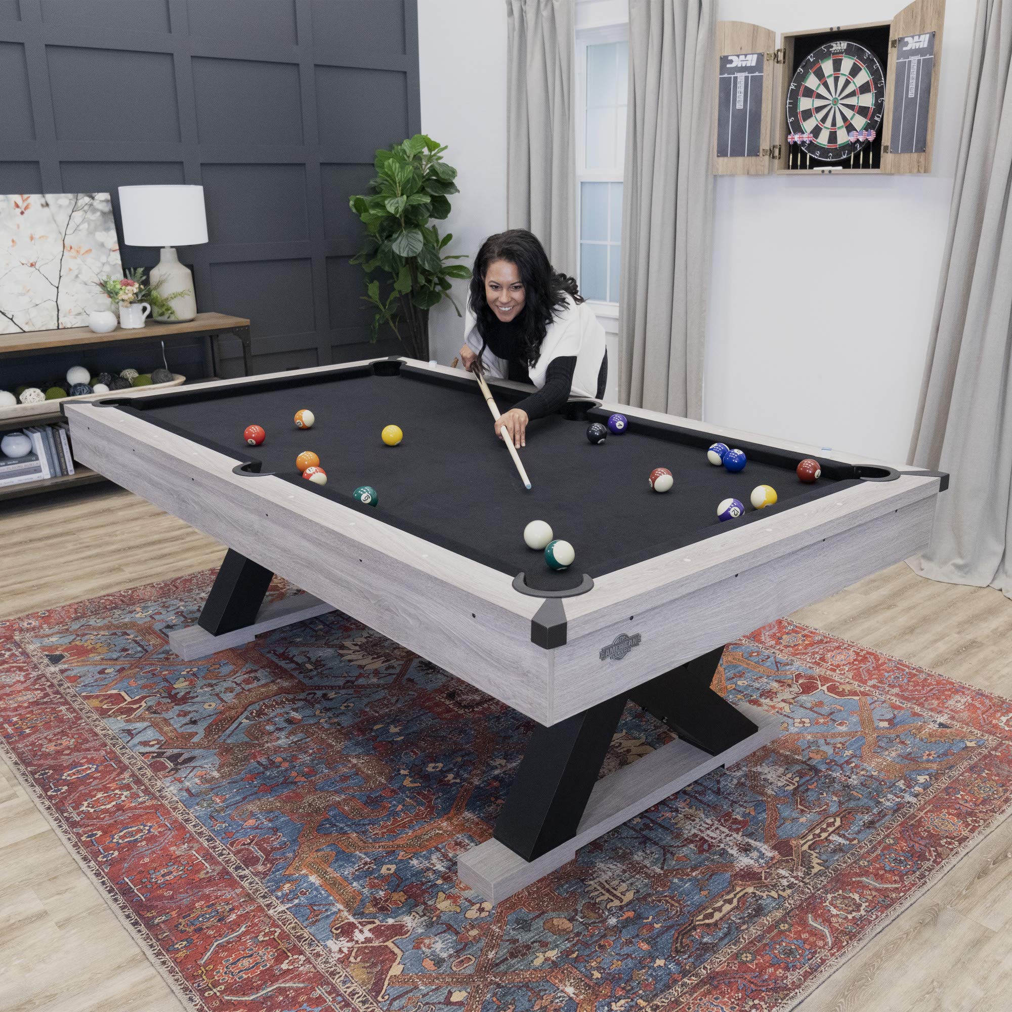 Kirkwood American Legend 90” Billiard Table with Rustic Finish, K-Shaped Legs and Black Cloth, Brown