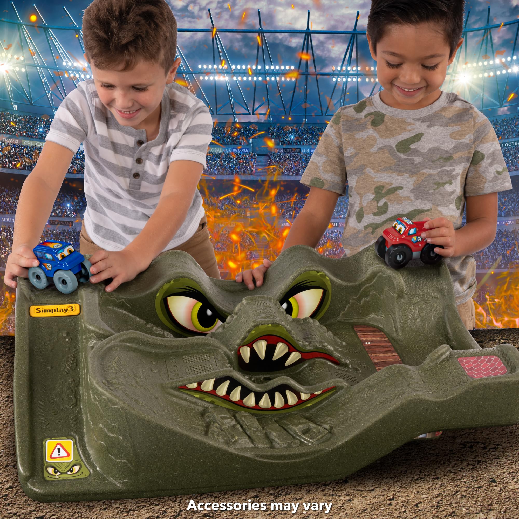Simplay3 Extreme Wheels Monster City Car Race Track Table - 2 Sided Portable Kids Play Table with 2 Race Trucks - Green - Made in USA