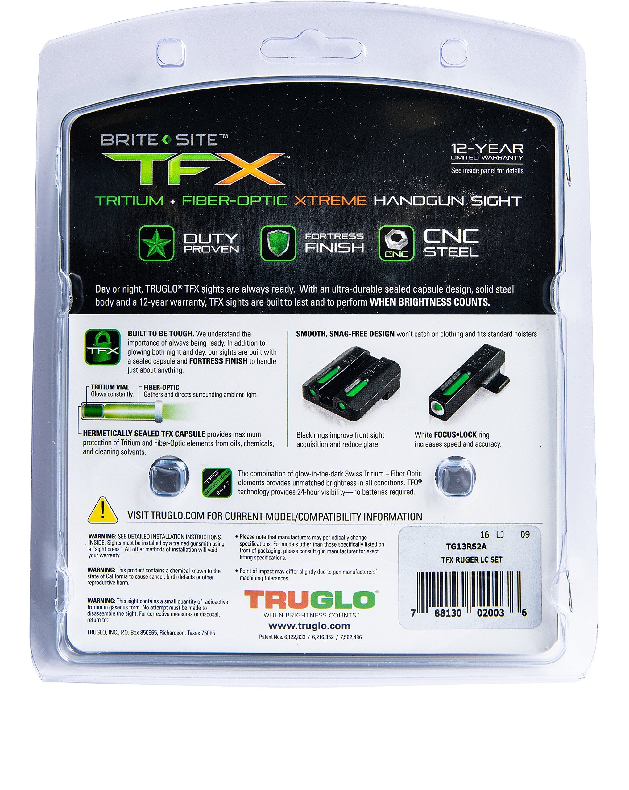 Handgun Sight TRUGLO TFX | Durable Shock-Resistant Compact Brightly Glowing Tritium & Fiber-Optic Xtreme Day/Night Sight, Compatible with Ruger LC Handguns