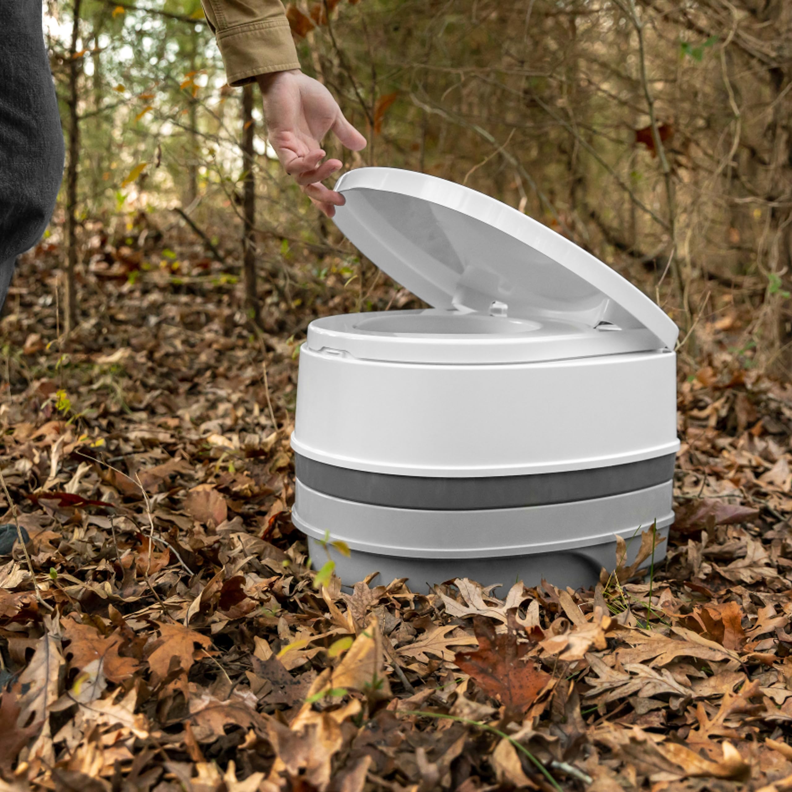 Camco Premium RV Travel Toilet - Features a 5.3-Gallon Detachable Holding Tank, Pump Flush Design & Spring-Loaded Latch (41535)