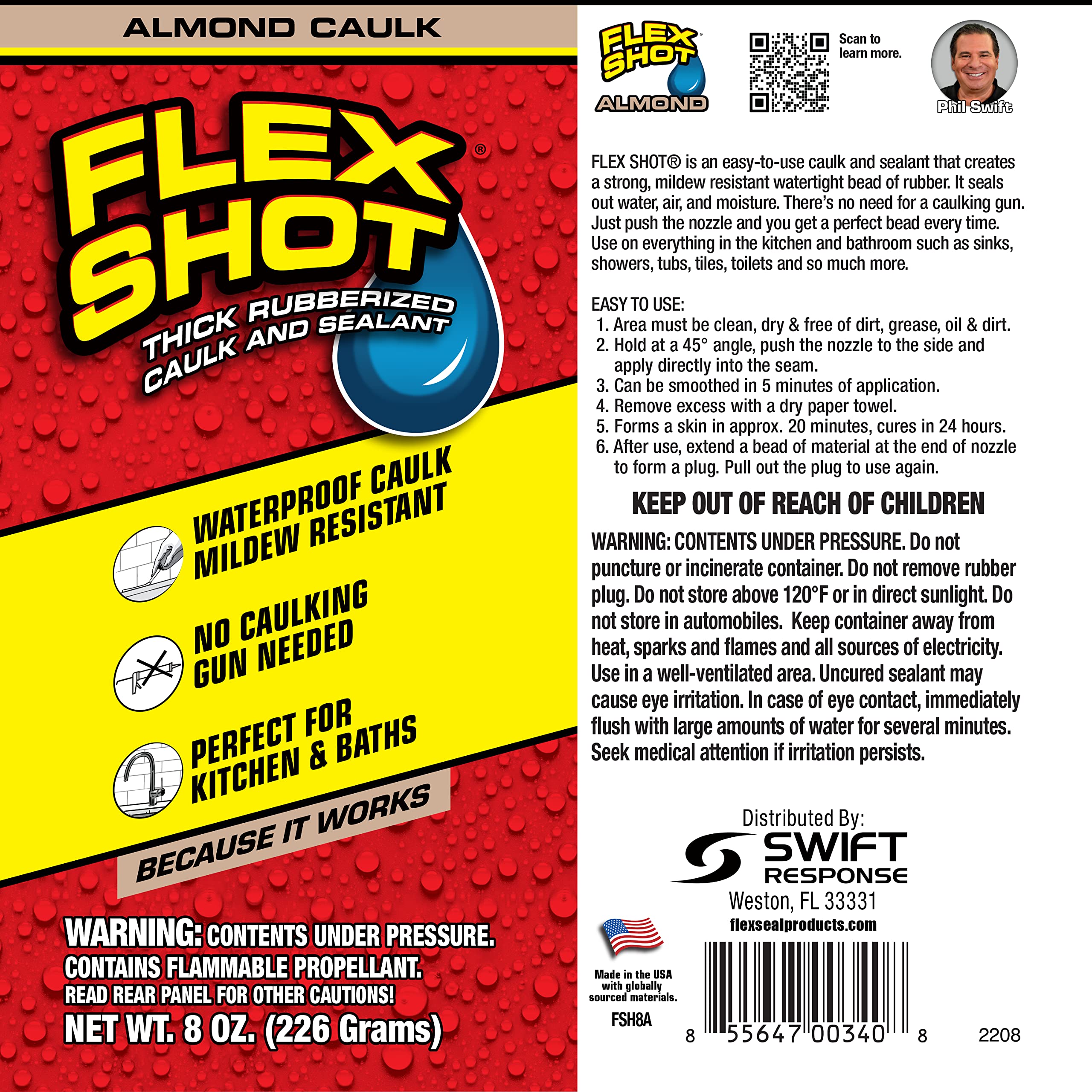 Flexible Rubber Silicone Sealant, Flex Shot, Waterproof Caulk, UV Resistant, No Caulk Gun Needed, Perfect for Kitchen, Bath, Showers, Sinks, Baseboards, Almond, 8oz, 1-Pack