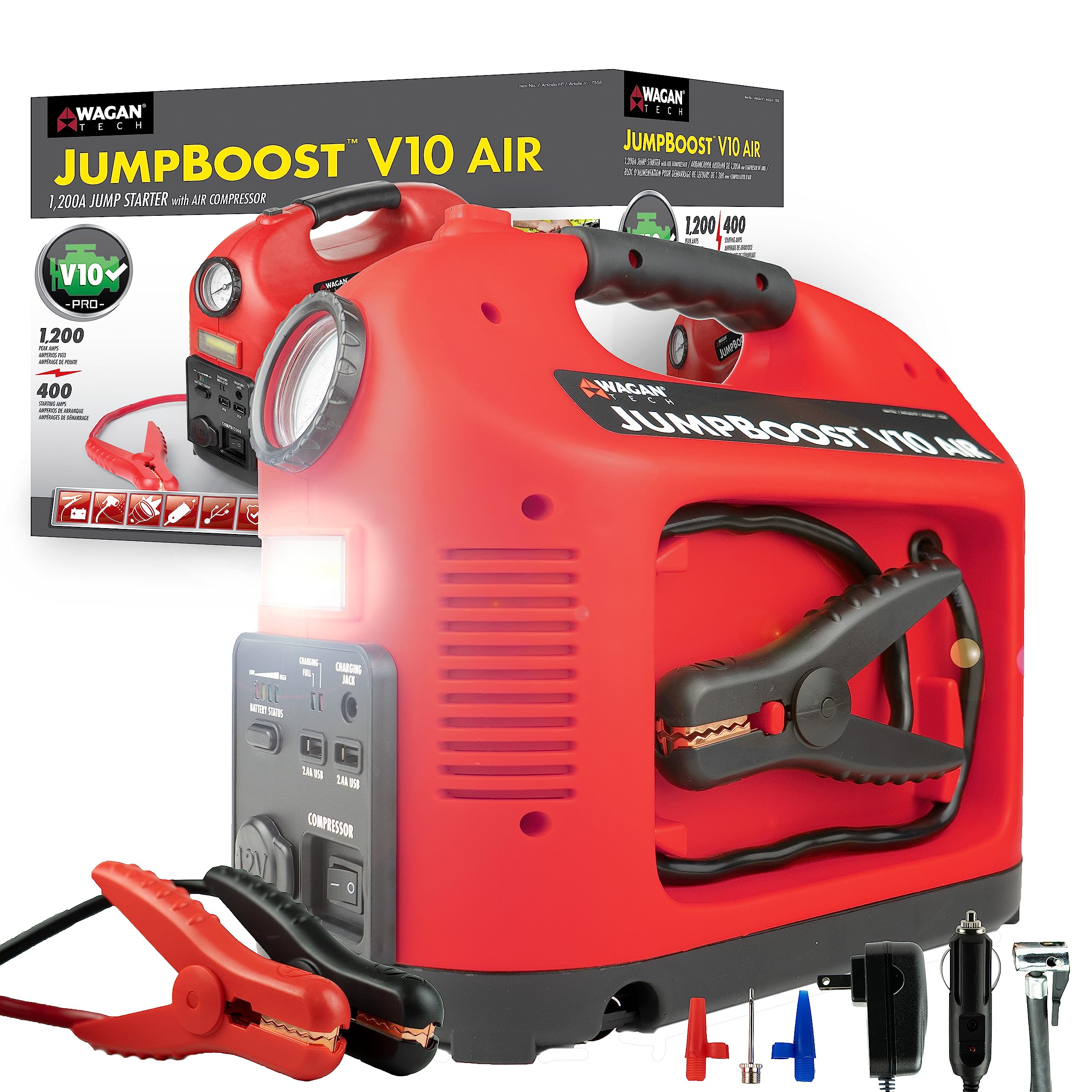 Wagan Jumpboost EL7556 V10 Air 1200 Peak Amps 12V Jump Starter with 150 PSI Powerful Air Compressor Tire Inflator, 1 Built-in DC Socket and 2A USB Port, Work Light