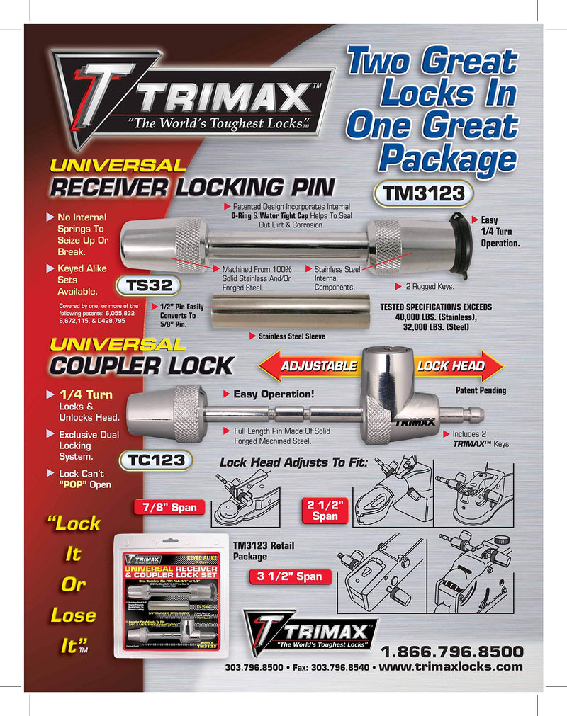 2- T3'S Trimax - 5/8" Reciever & (1) Tmc10 Span Coupler Lock, with Flat Keys TMC3310, Clam Packaging