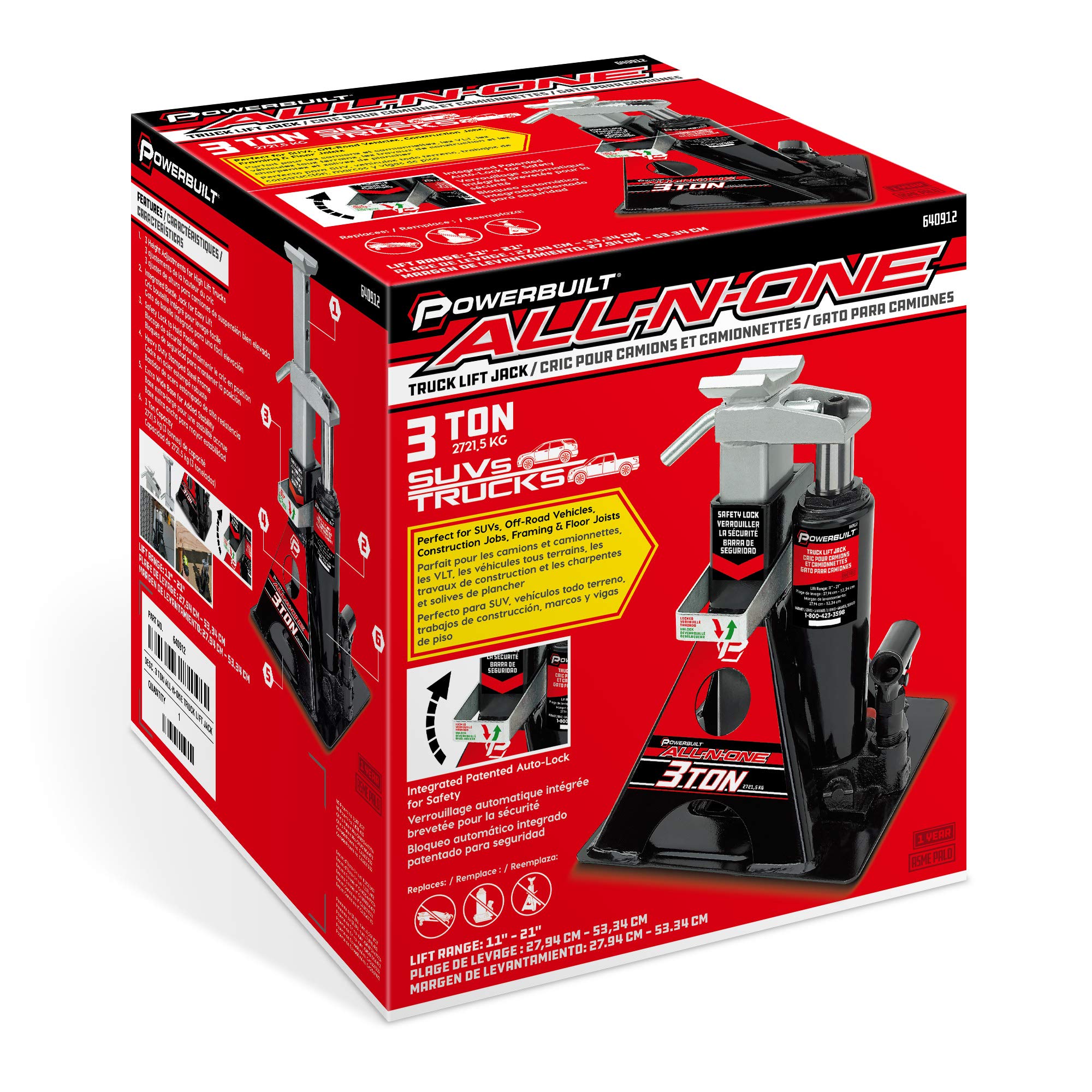 Powerbuilt 3 Ton Hydraulic All-in-One Bottle Jack and Jackstand Unit, Compact, Wide Base, 11-21 Inch Range, Eliminates Jackstands, for Unibody, Trucks, SUVs, RVs, Cars, Trailers, ASME - 640912