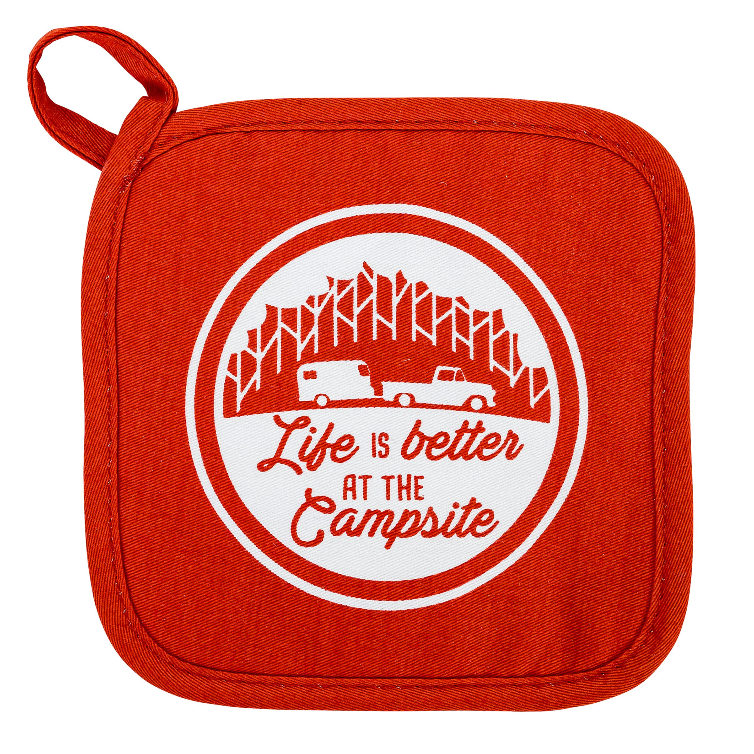 Camco Heat Resistant Life is Better at The Campsite Oven Mitt and Pot Holder Set - Heat Resistant, 100% Cotton - Features Unique RV Camping-Themed Design (53259)