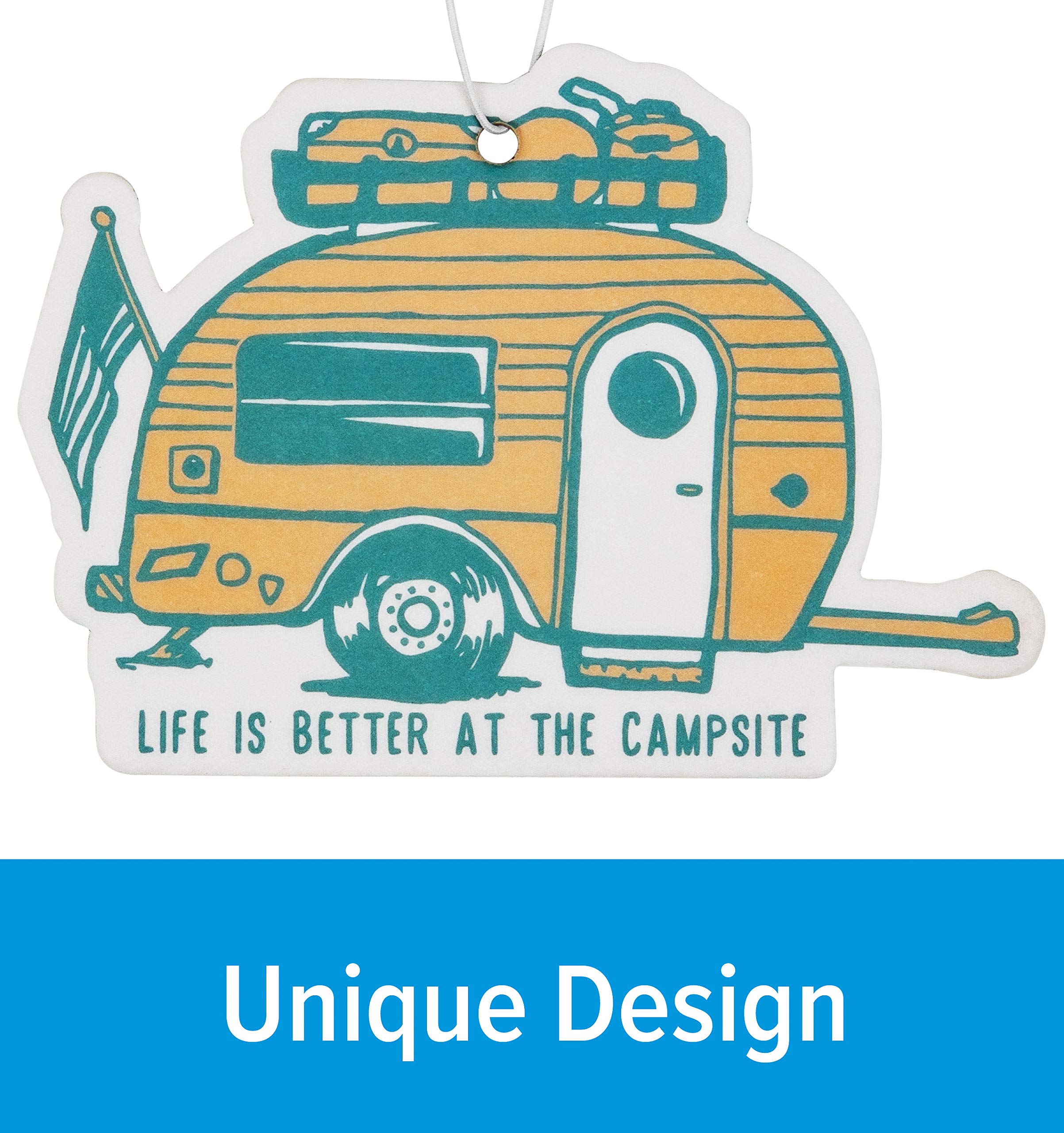 Camco Air Freshener Life is Better at The Campsite - Features Along the Shore Fragrance & Elastic Cord - Use in the Car or RV & Camper - Features Retro RV Design (53363)