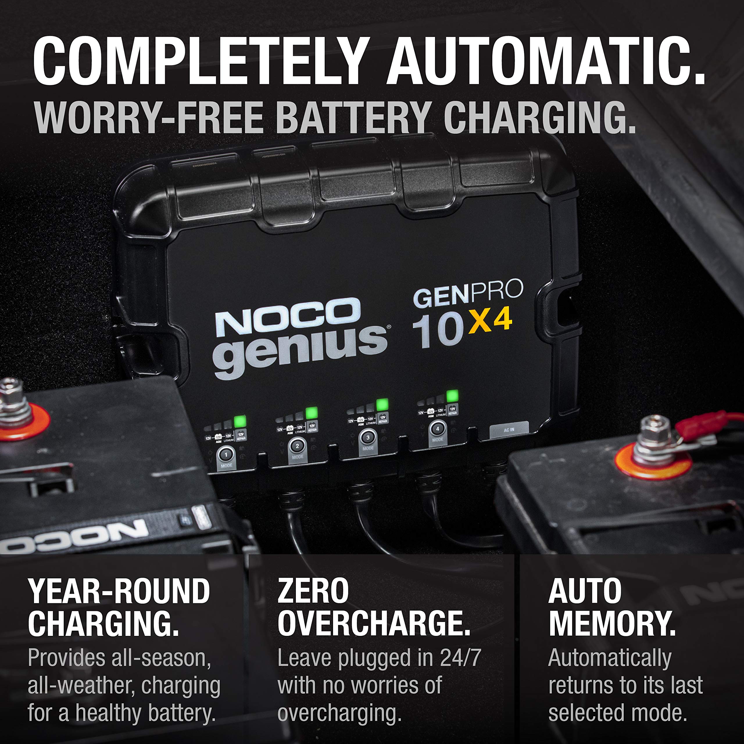 GENPRO10X4 NOCO Genius: 40A Onboard Battery Charger - 10A Per Bank, 12V Waterproof Marine Charger with Overcharge Protection & Temperature Compensation – for Lead-Acid & Lithium Batteries