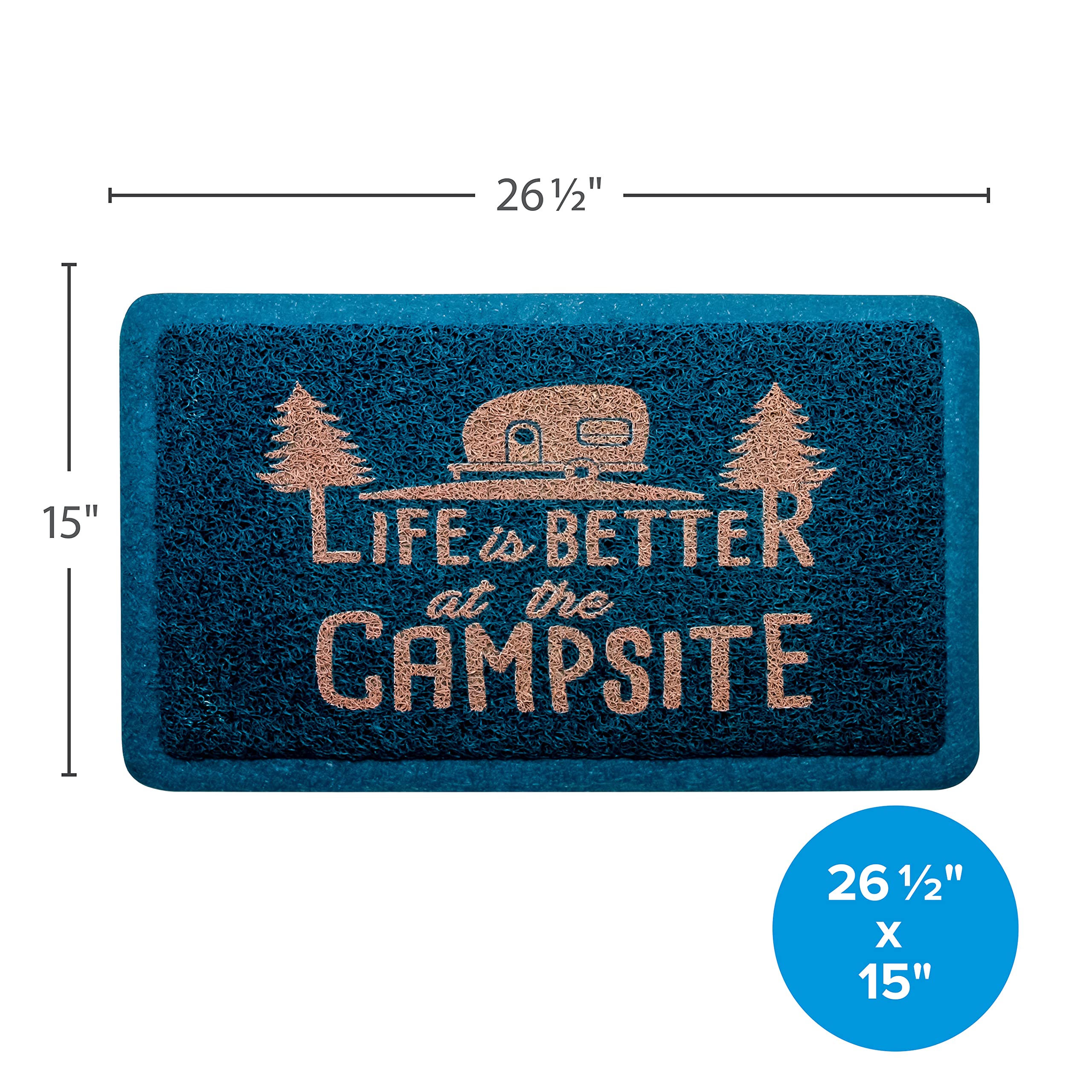 Camco Outdoor & Indoor Life Is Better at The Campsite Welcome Mat - Weather and Doormat | Traps Dirt and Liquid | Spongey Comfortable Feel | Measures 26 ½ " x 15" - Blue (53201) - 53201-A