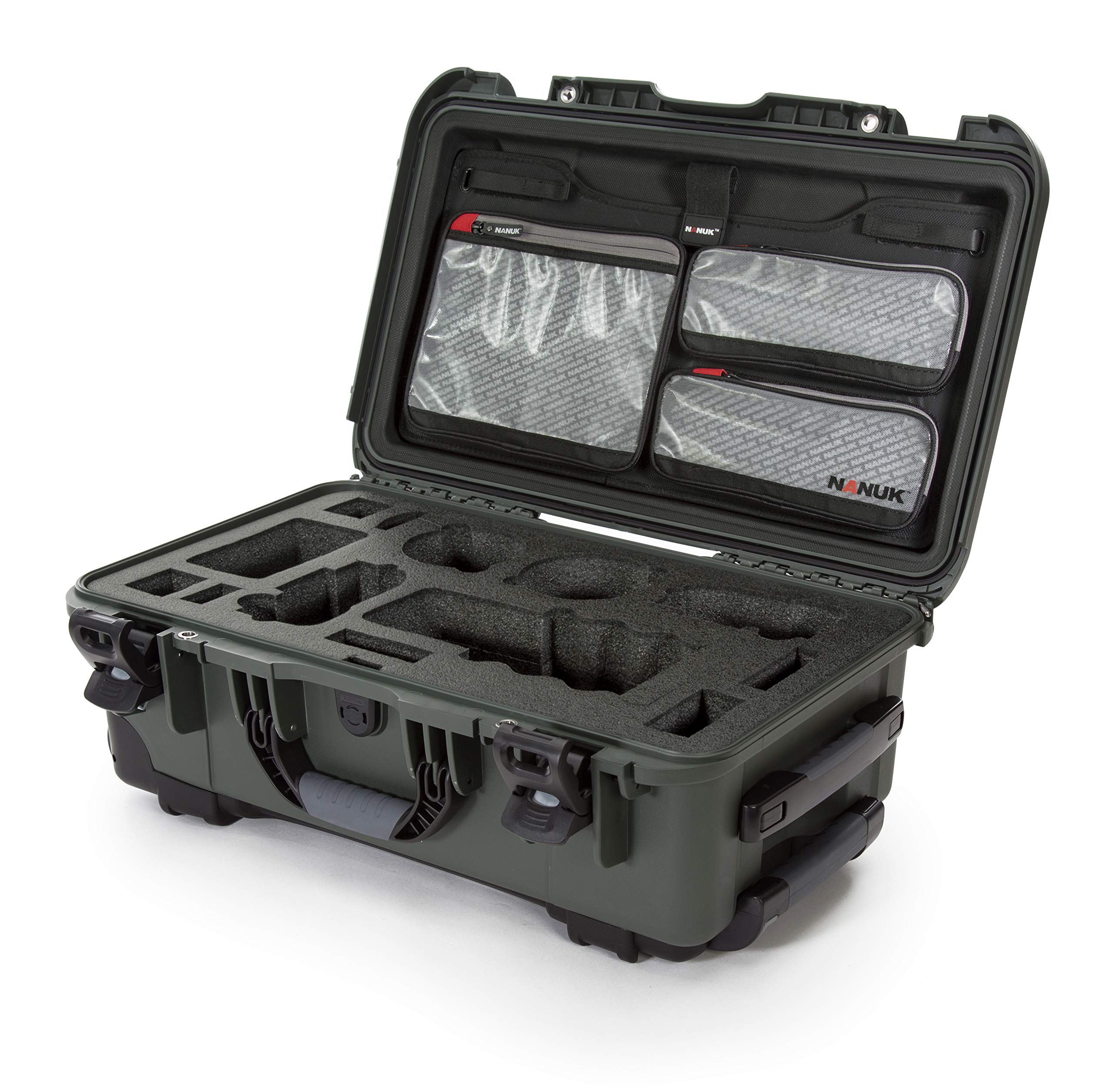 Waterproof Nanuk 935 Carry-On Hard Case with Lid Organizer for Sony a7R Size Camera w/Wheels - Olive