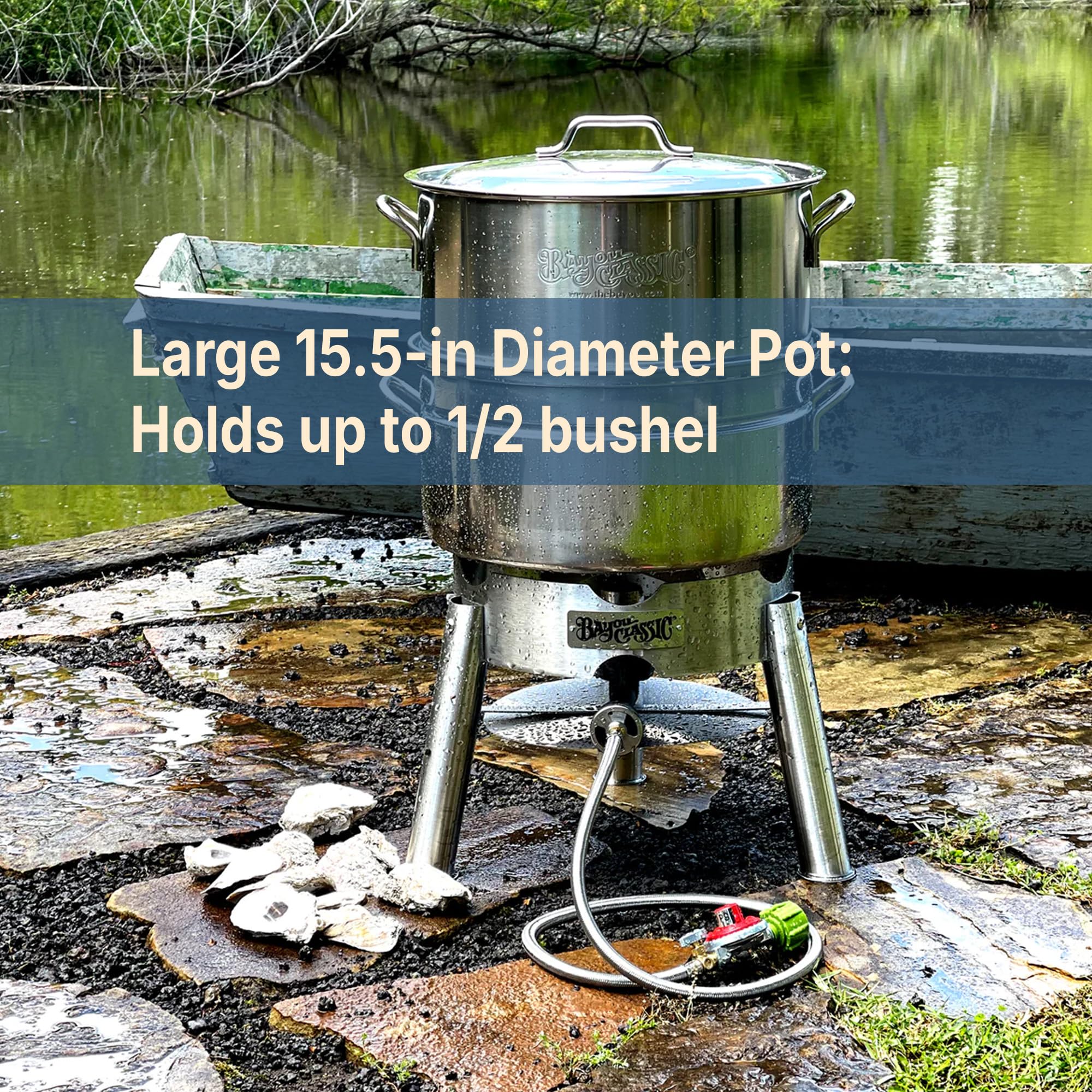 Bayou Classic KDS-151 Steamer Kit Stainless Features Heavy Welded Loop Handles 4-in Cast Aluminum Burner 10-psi Regulator w/ 48-in Hose Perfect For Steaming Up To A Half Bushel of Seafood