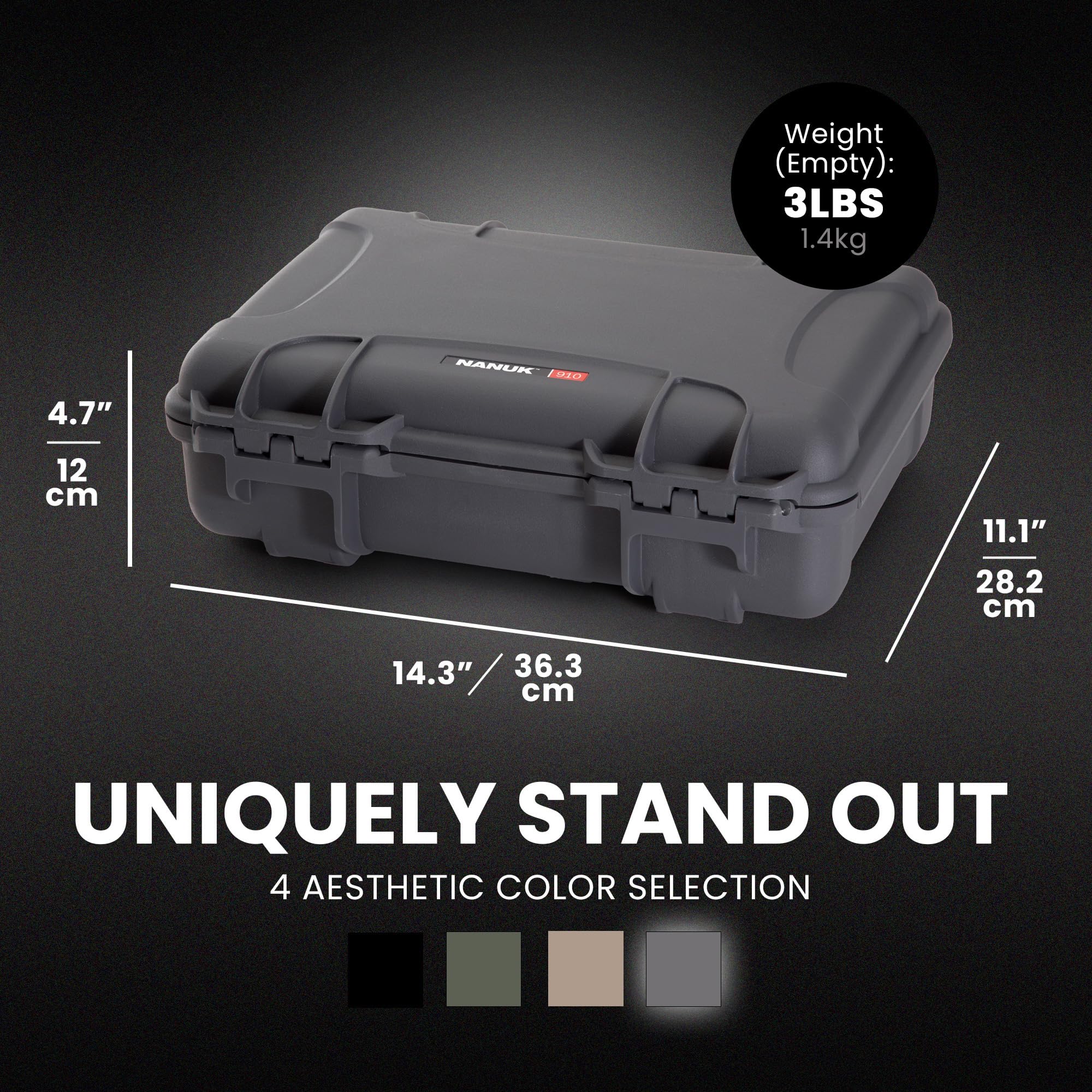 NANUK Hard 910 Optic Ready Pistol Case with Custom Foam Insert, IP67 Waterproof & Crushproof, Rugged Construction for Ultimate Protection, Made in Canada – Graphite (14.3” x 11.1” x 4.7”)