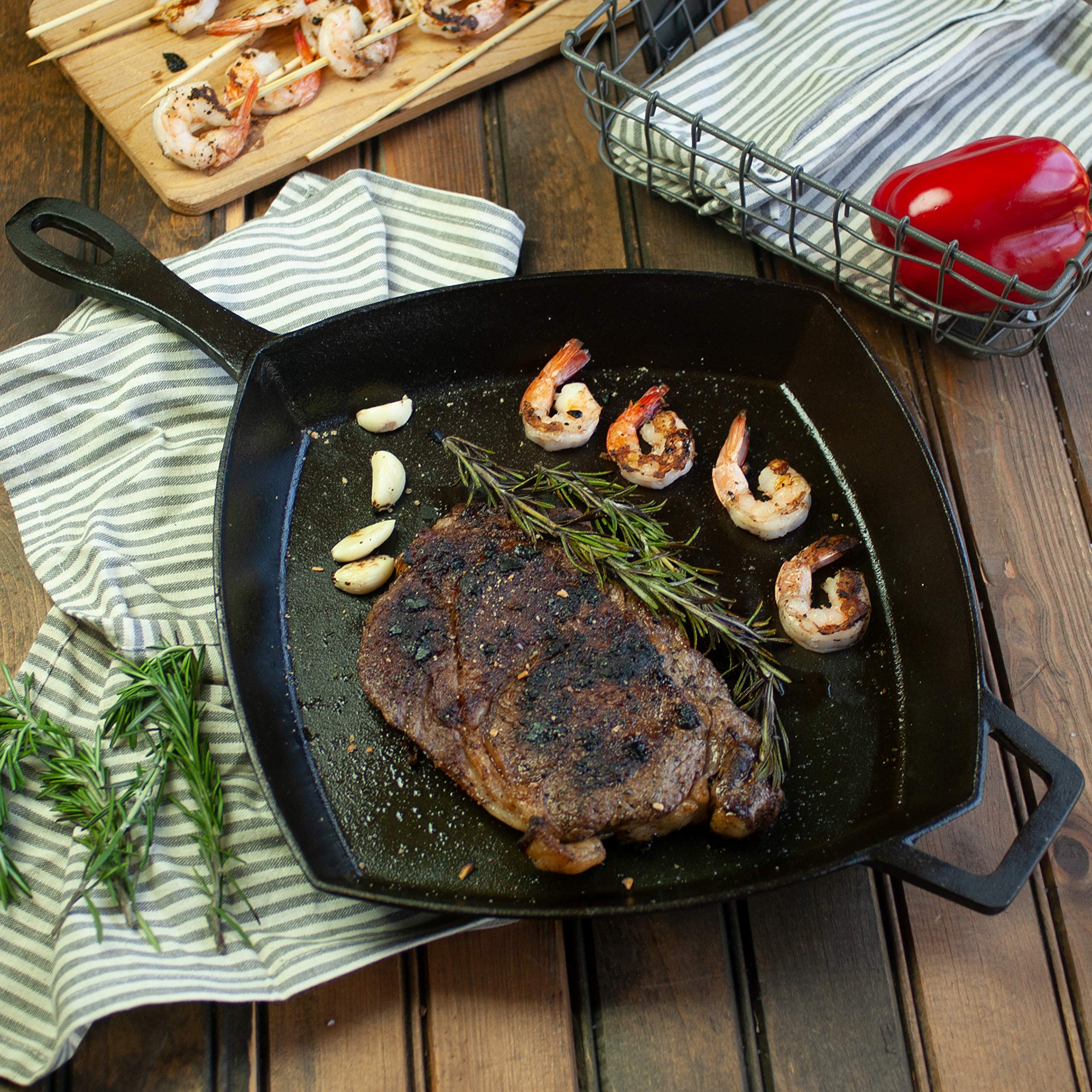 Bayou Classic 7433 Square 12-in Cast Iron Skillet Features Helper Handle Perfect For Breakfast Pan Frying Sautéing and Baking