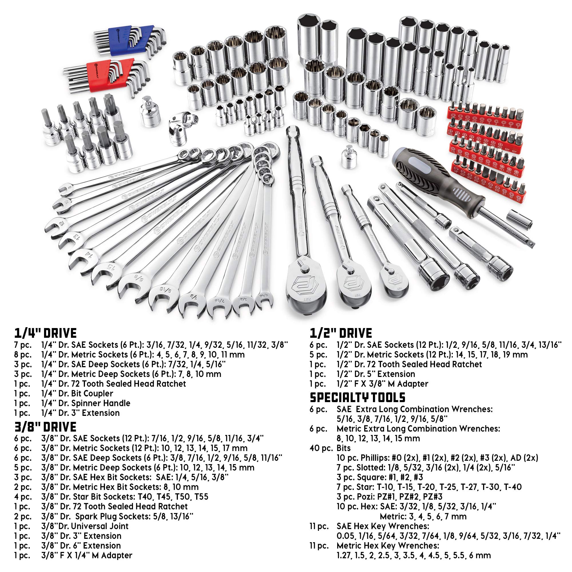 Powerbuilt 642453 Mechanics Tool 152 Piece 1/4-inch, 3/8-inch, and 1/2-inch Drive- with SAE and Metric Socket Set, 72 Tooth Seal-Head Ratchet, Automotive Tool Kit, including Case