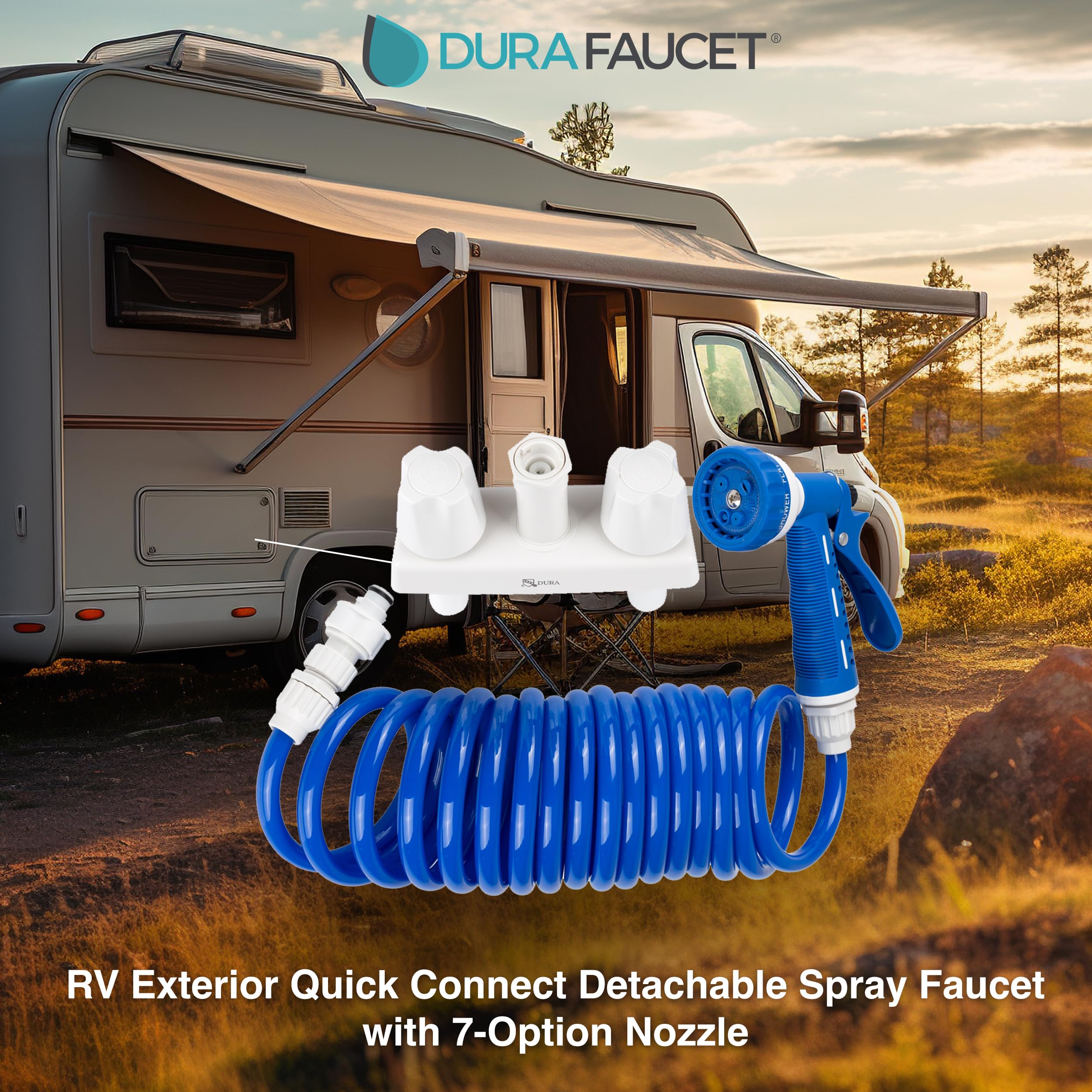 Dura Faucet RV Exterior Quick Connect Detachable Spray Faucet DF-SA186-WT with 7-Option Nozzle (White/Blue)
