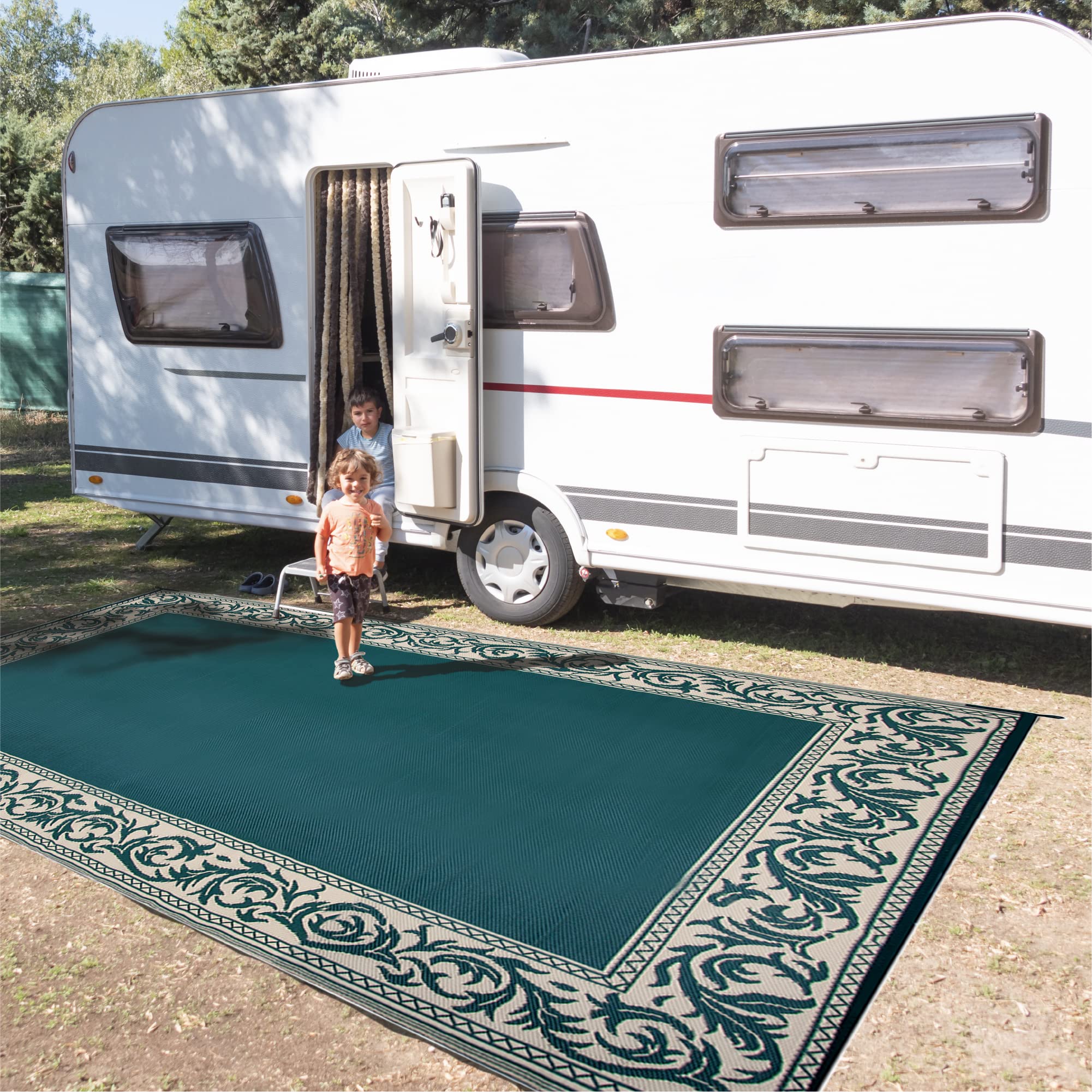Camping Stylish RA4 9-Feet x 12-Feet RV Reversible Outdoor Mat, Green/Beige Classical Patio Mat