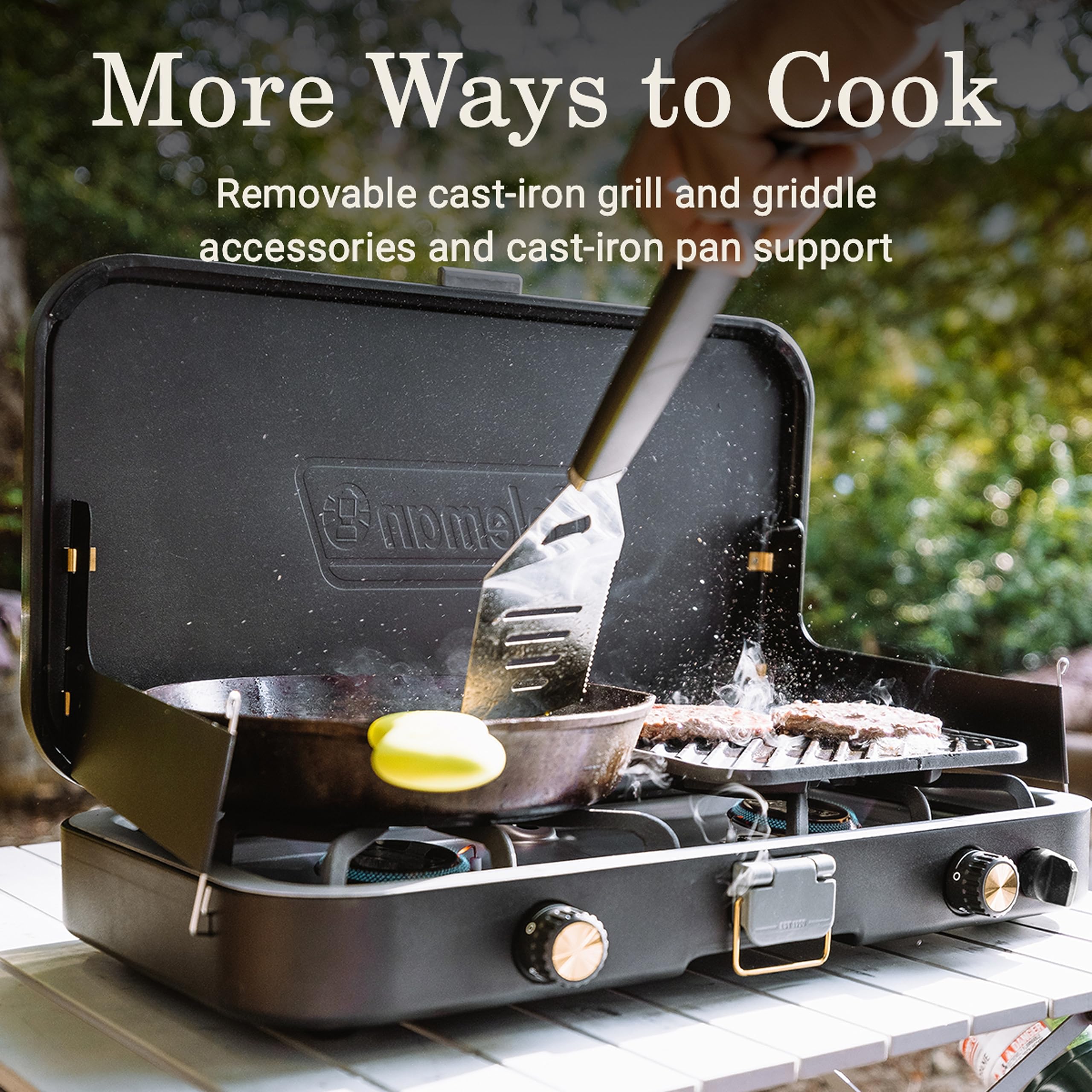 Coleman 3-in-1 Propane Camping Stove 1900 Collection, Cast Iron Grill & Griddle Accessories Included, 24,000 BTUs Across 2 Adjustable Burners with Wind Guards & Matchless Lighting
