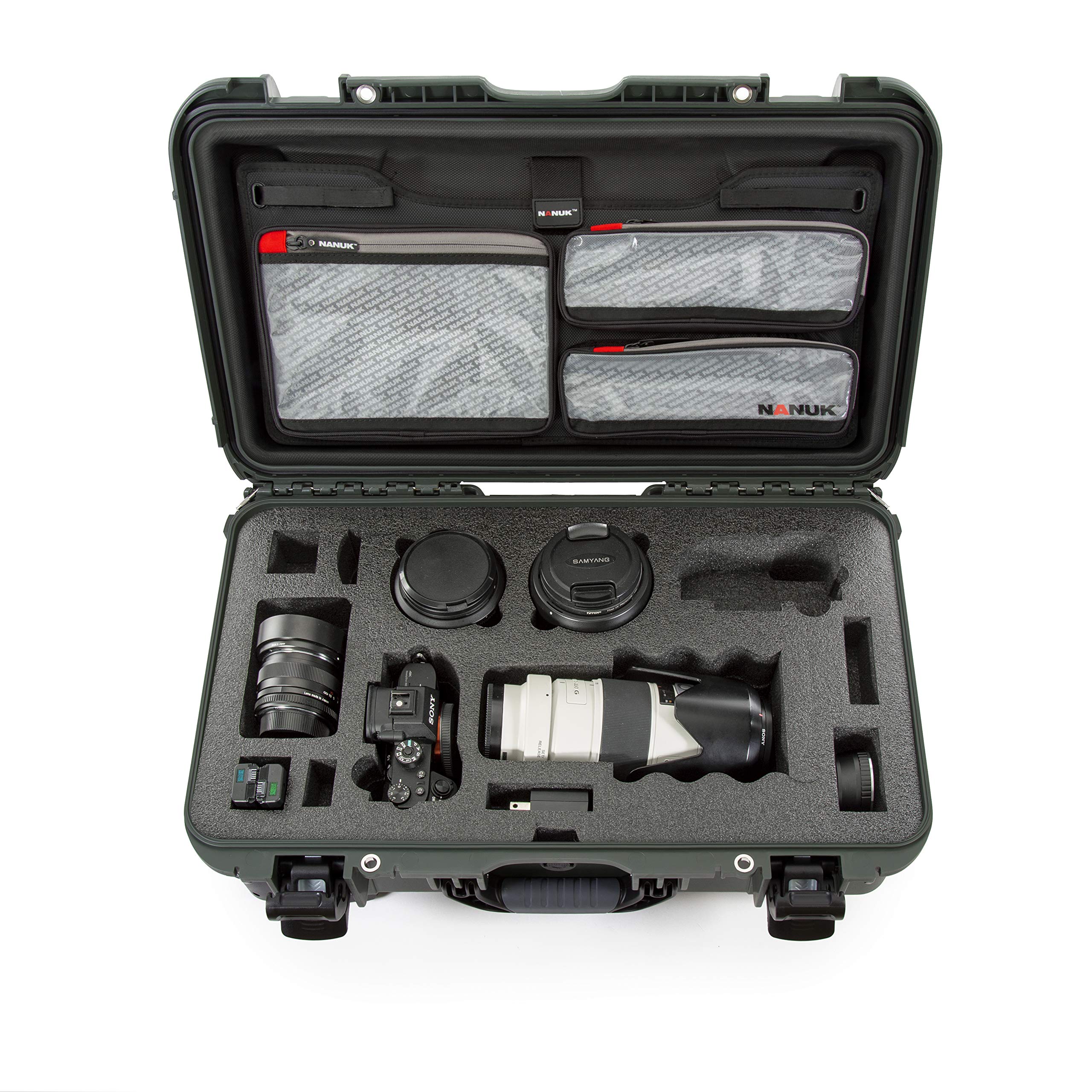 Waterproof Nanuk 935 Carry-On Hard Case with Lid Organizer for Sony a7R Size Camera w/Wheels - Olive