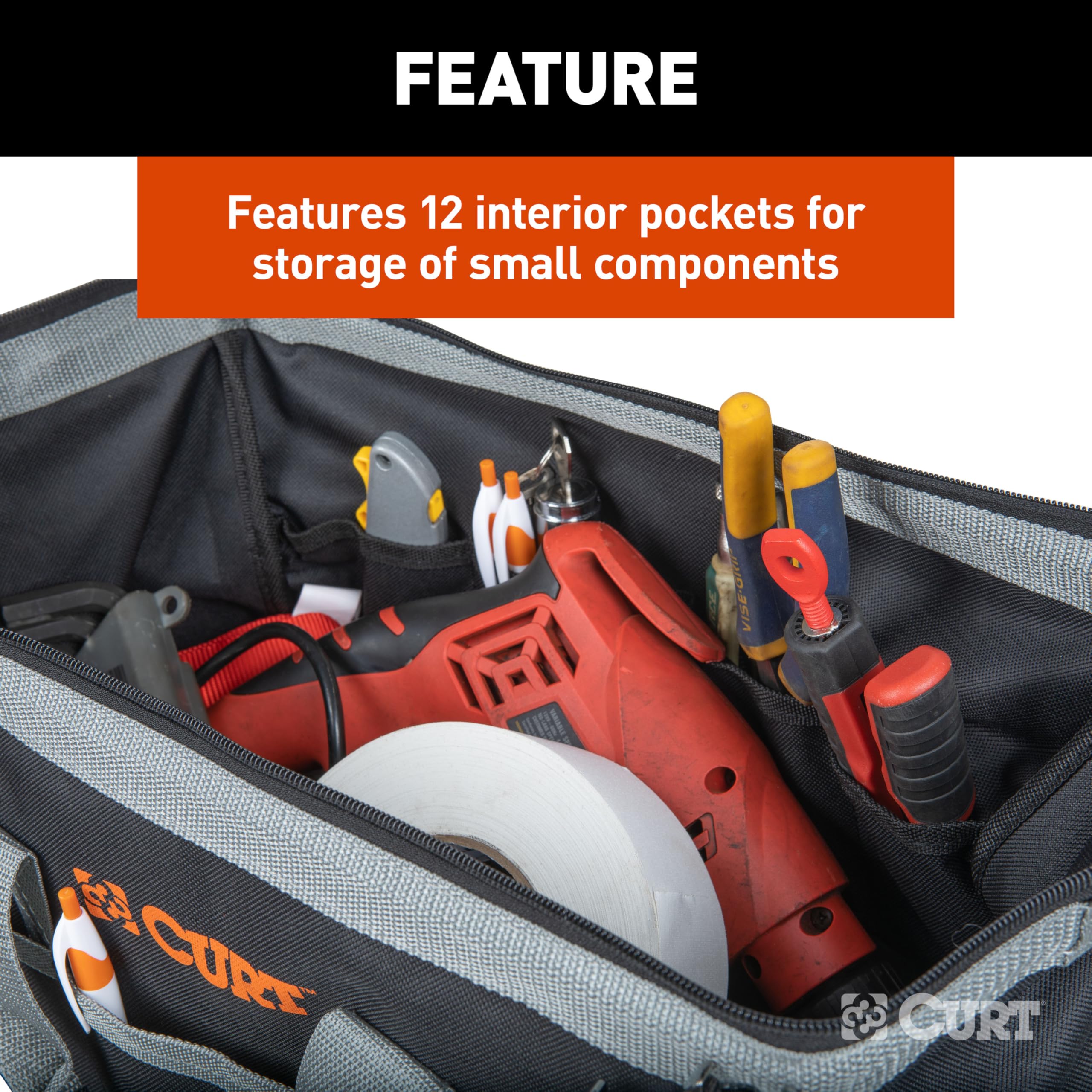 70004 CURT Towing Accessories Storage Tool Bag, 14 Pockets, Reinforced Webbing