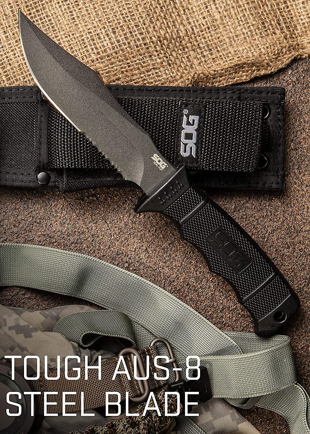 SOG Fixed Blade Knives - Tactical Knife Seal Pup Survival Knife and Hunting Knife w/ 4.75 Inch Blade and MOLLE Knife Sheath & GRN Grip (M37N-CP), black