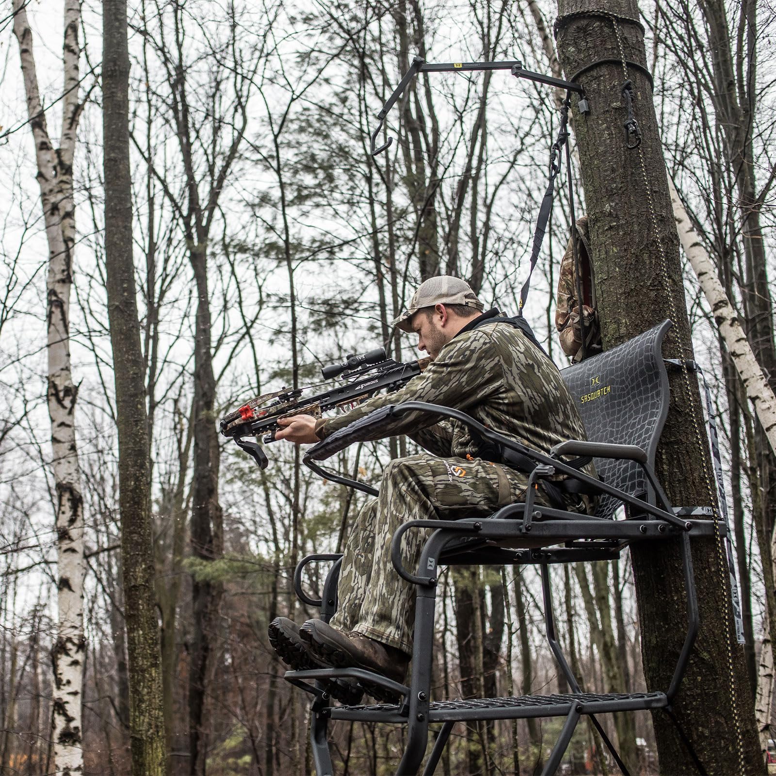 Sasquatch 21' Hawk 1.5-Man Ladder Stand | Durable Hunting Archery Steel 1 Person Tree Stand with Flip Up Chair, Hercules Cross Grip Safety System