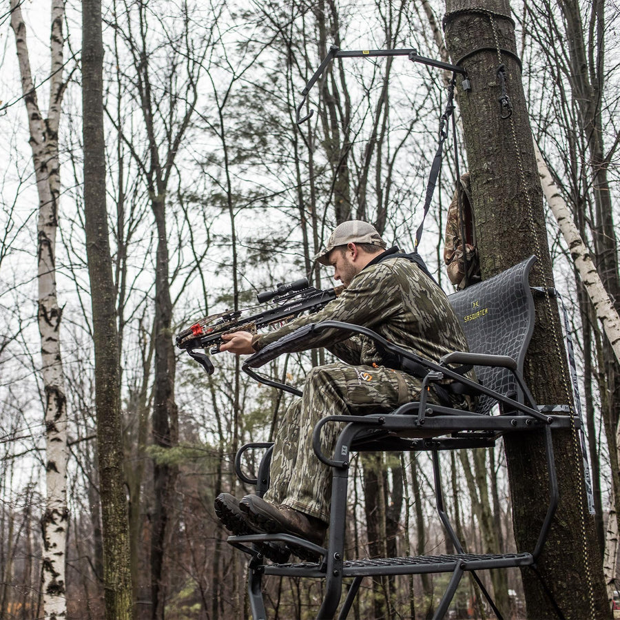Sasquatch 21' Hawk 1.5-Man Ladder Stand | Durable Hunting Archery Steel 1 Person Tree Stand with Flip Up Chair, Hercules Cross Grip Safety System