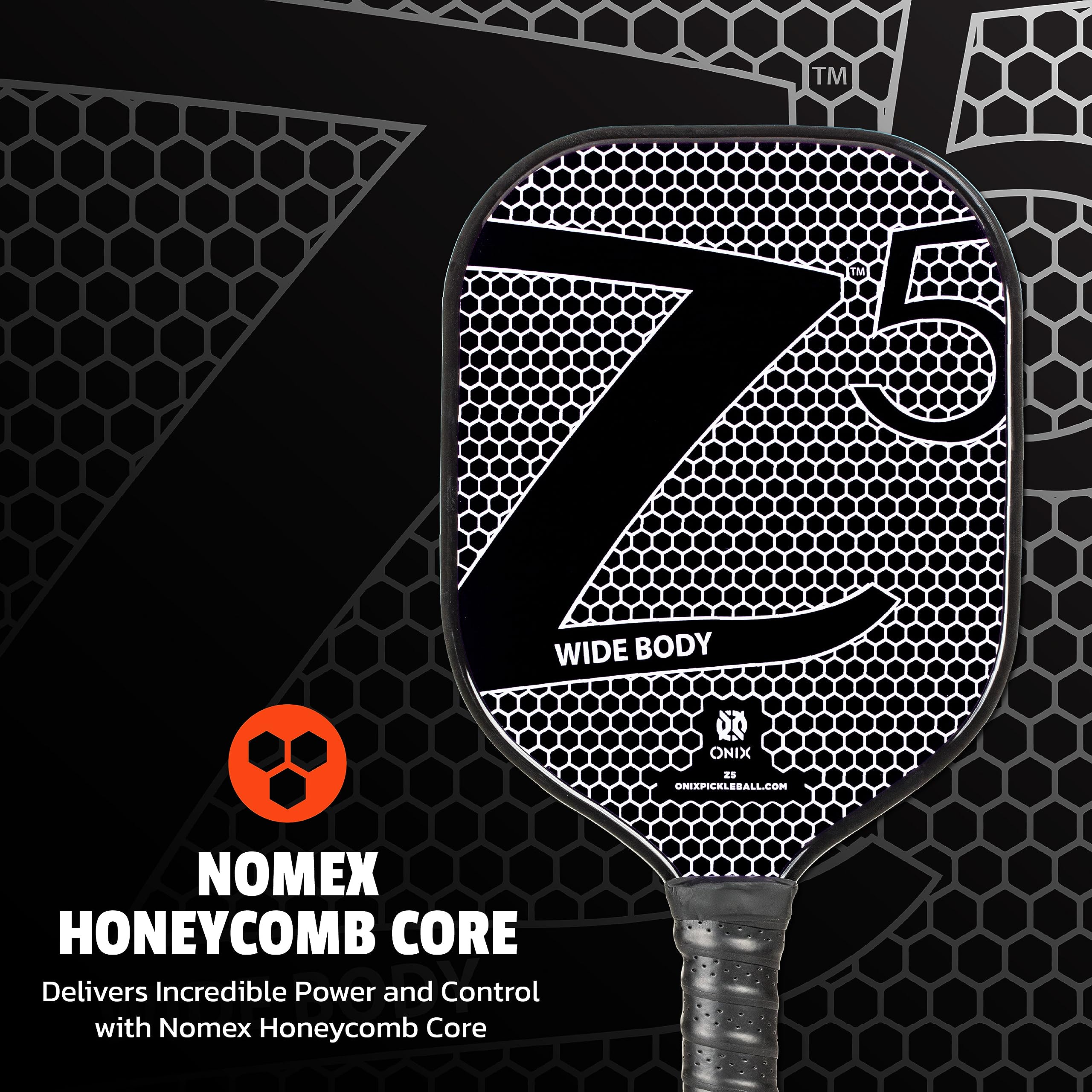 Graphite ONIX Z5 Carbon Fiber Pickleball Paddle with Wide-Body Shape, Honeycomb Core & Graphite Face