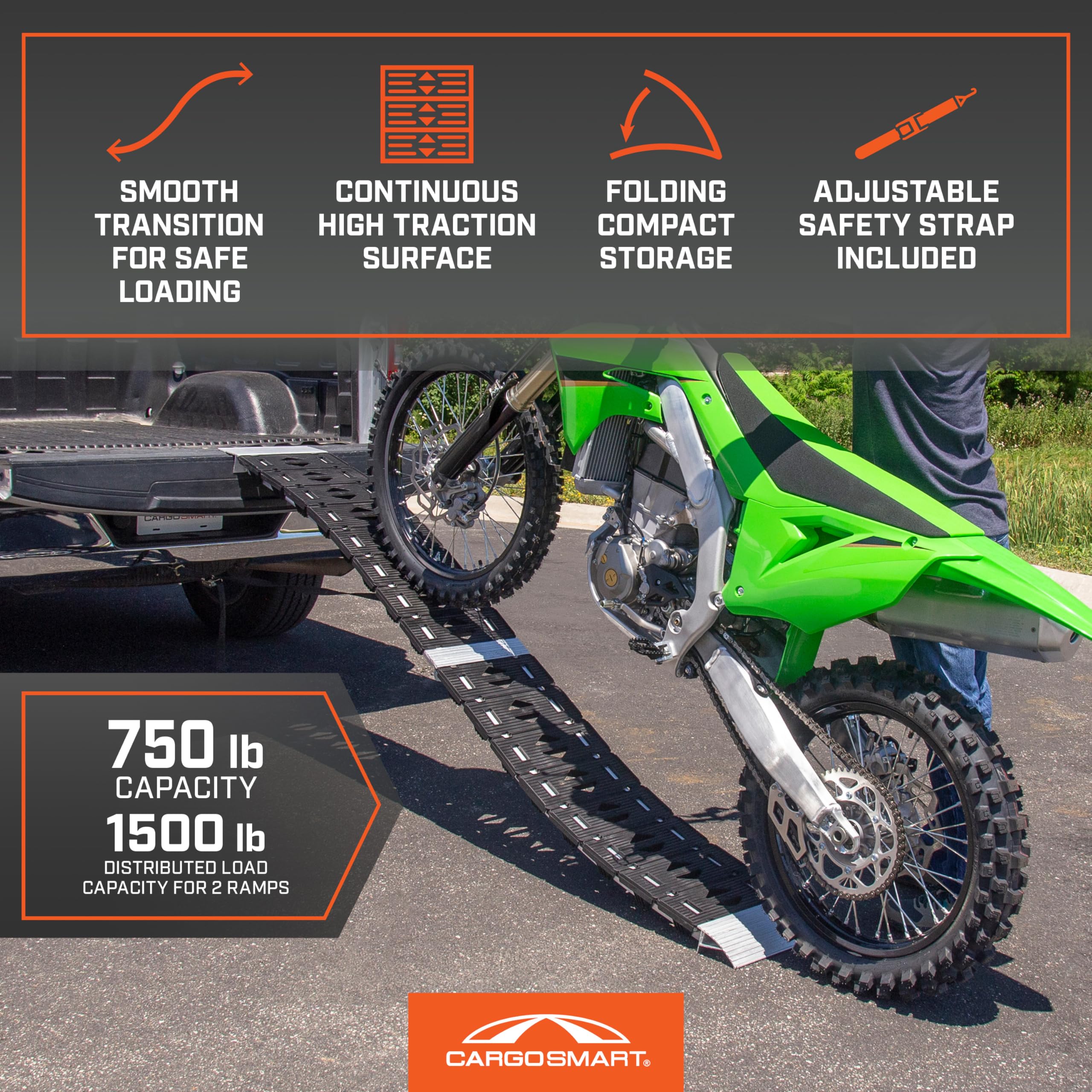 Hybrid S-Curve Centerfold Ramp CARGOSMART 3086, For Use Easily And Safely Loading & Unloading Lawn Equipment, Motorcycles, ATVs, 750 Lb Per Ramp Capacity, Black, 1-Pack
