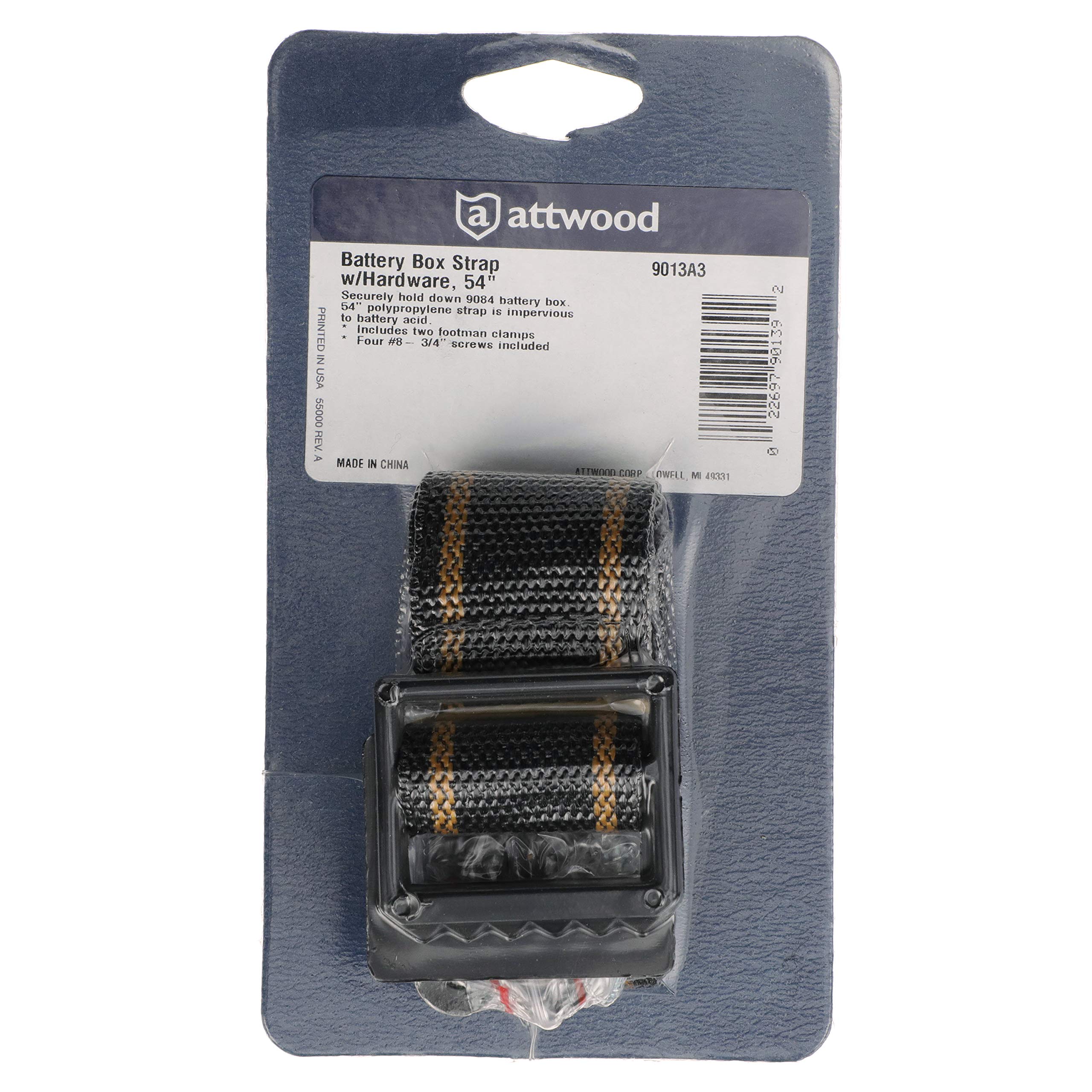 Battery Box Hold-Down Strap Kit Attwood 9013A3, Long Size, 54 Inches Long, Woven Polypropylene, with 2 Footman Clamps