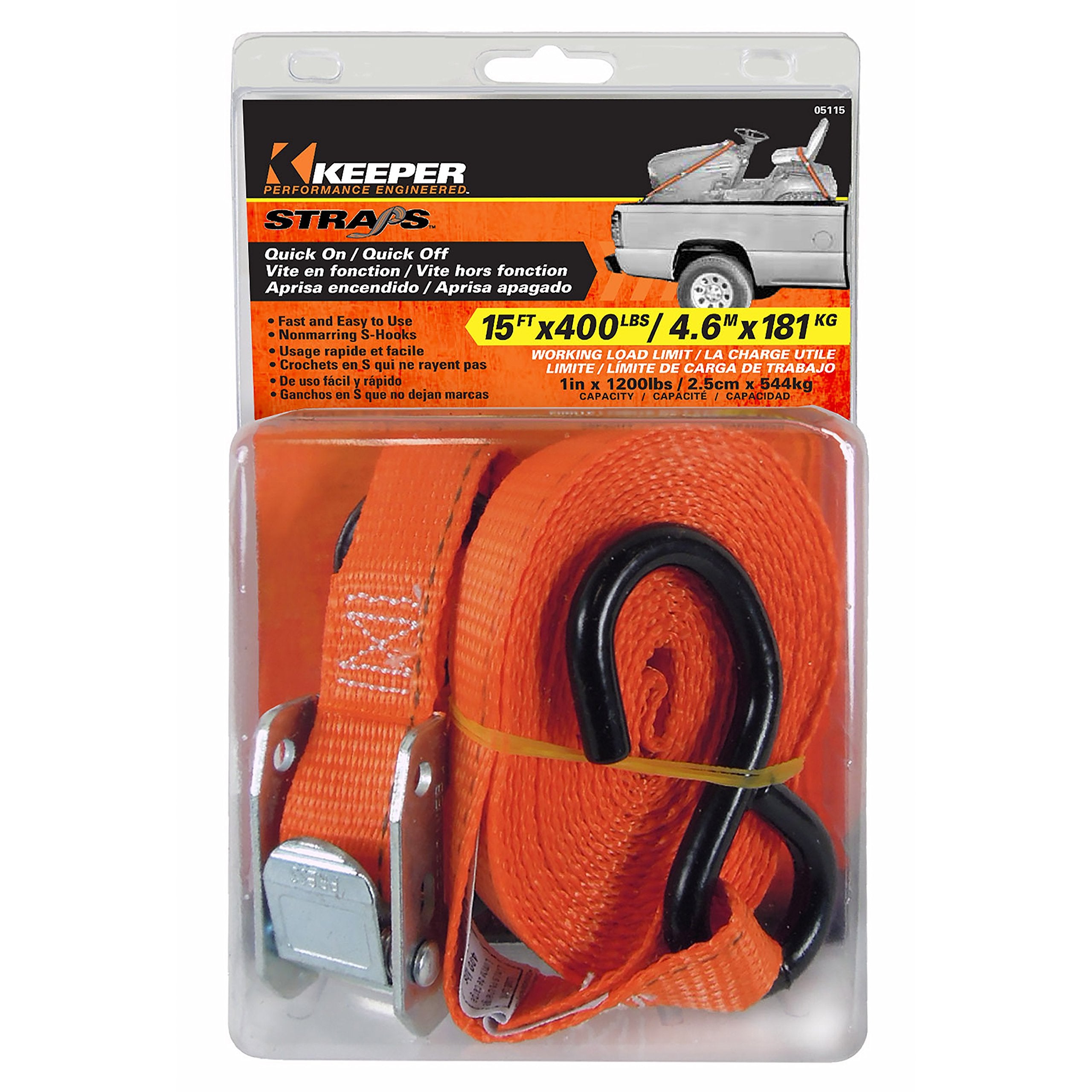 1” x 15’ Heavy Duty Cam Buckle Tie-Down Keeper with S Hooks - 400 lbs. Working Load Limit and 1,200 lbs. Break Strength