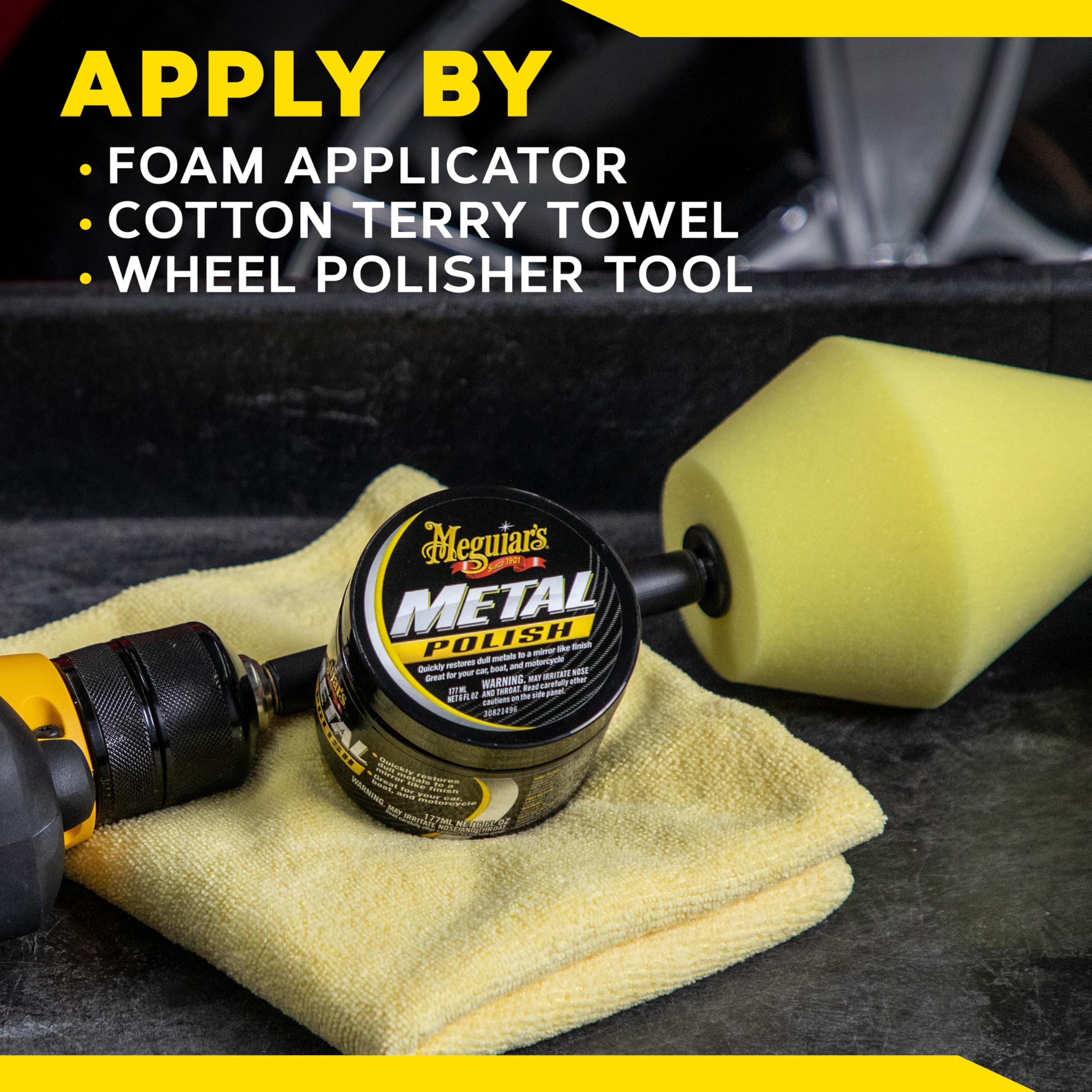 Meguiar's G211606 Metal Polish, Safe for All Uncoated Metals, for a Quick and Easy Clean Removes Stains and Swirls, Restores Shine, Pairs Well with Our Wheel Polisher Tool, 6 Oz