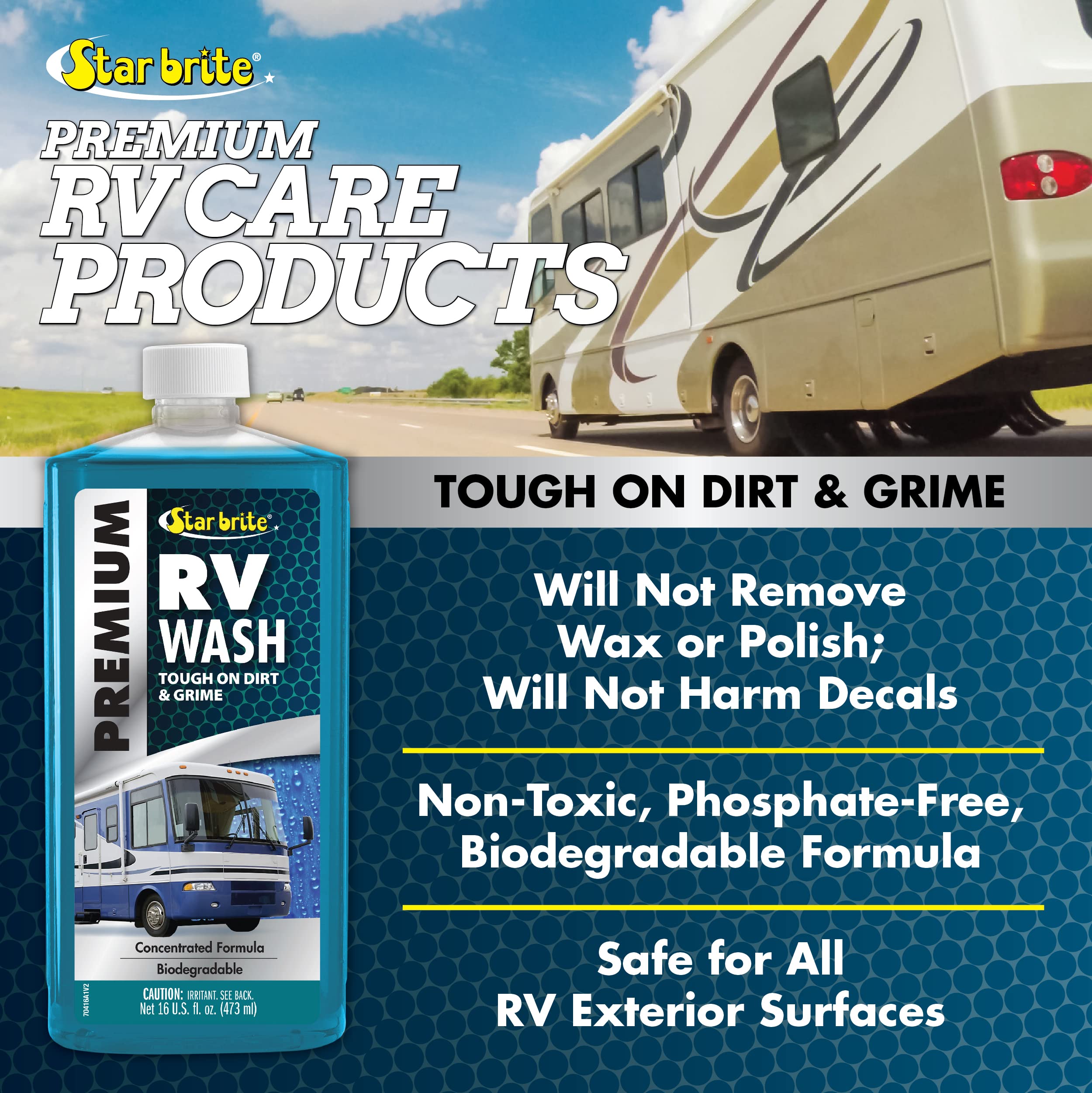 Premium RV Wash STAR BRITE - Ultimate RV Exterior Cleaner for Road Grime & More - Ideal for All Camper Surfaces - 16 OZ (070416P)