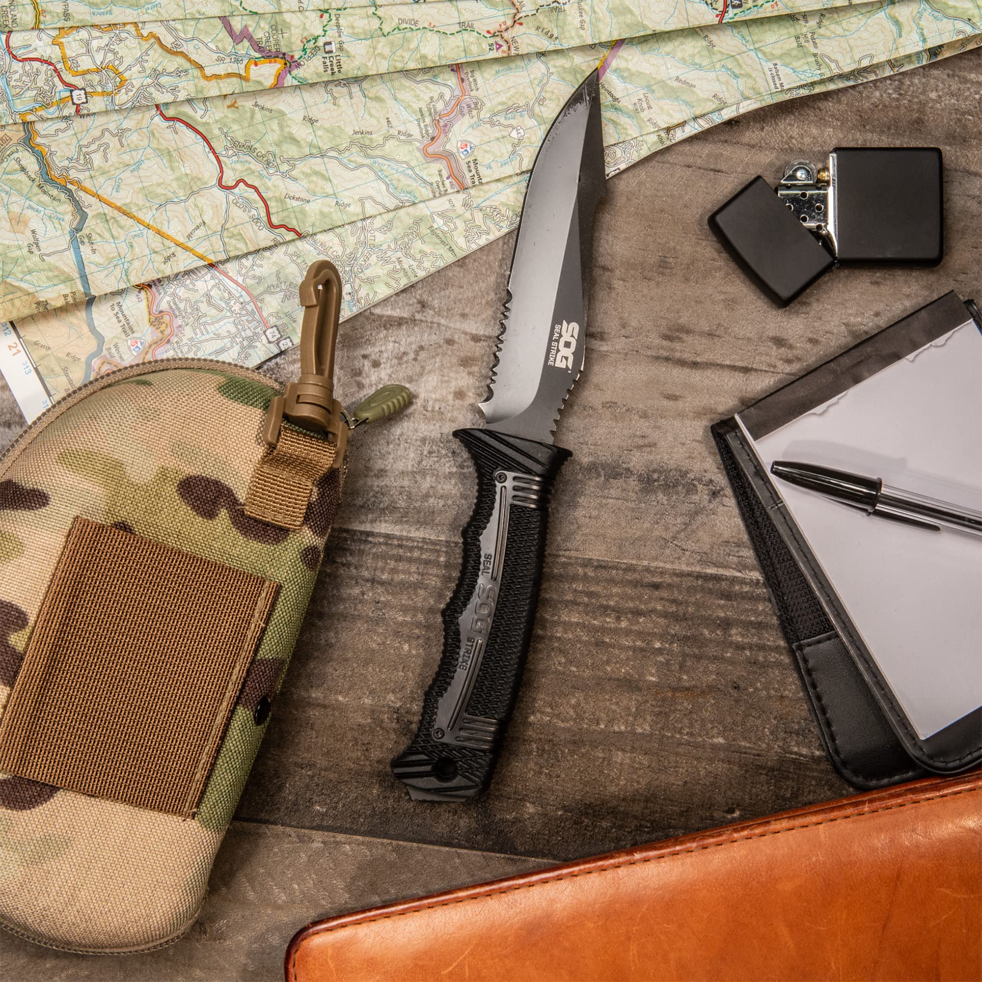 SOG Fixed Blade Seal Strike Knife with Sheath- Tactical and Hunting Knife with 4.9 Inch Partially Serrated Bowie Knife Blade and Survival Knife Line Cutter (SS1003-CP)