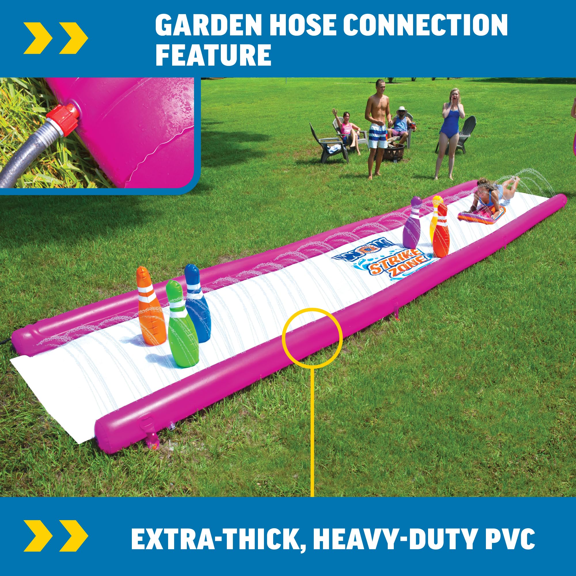 Strike Zone WOW Sports - Water Slide 25 Foot Slip n Slide with Inflatable Sides & Sprinklers - Human Bowling Water Slide with Inflatable Pins