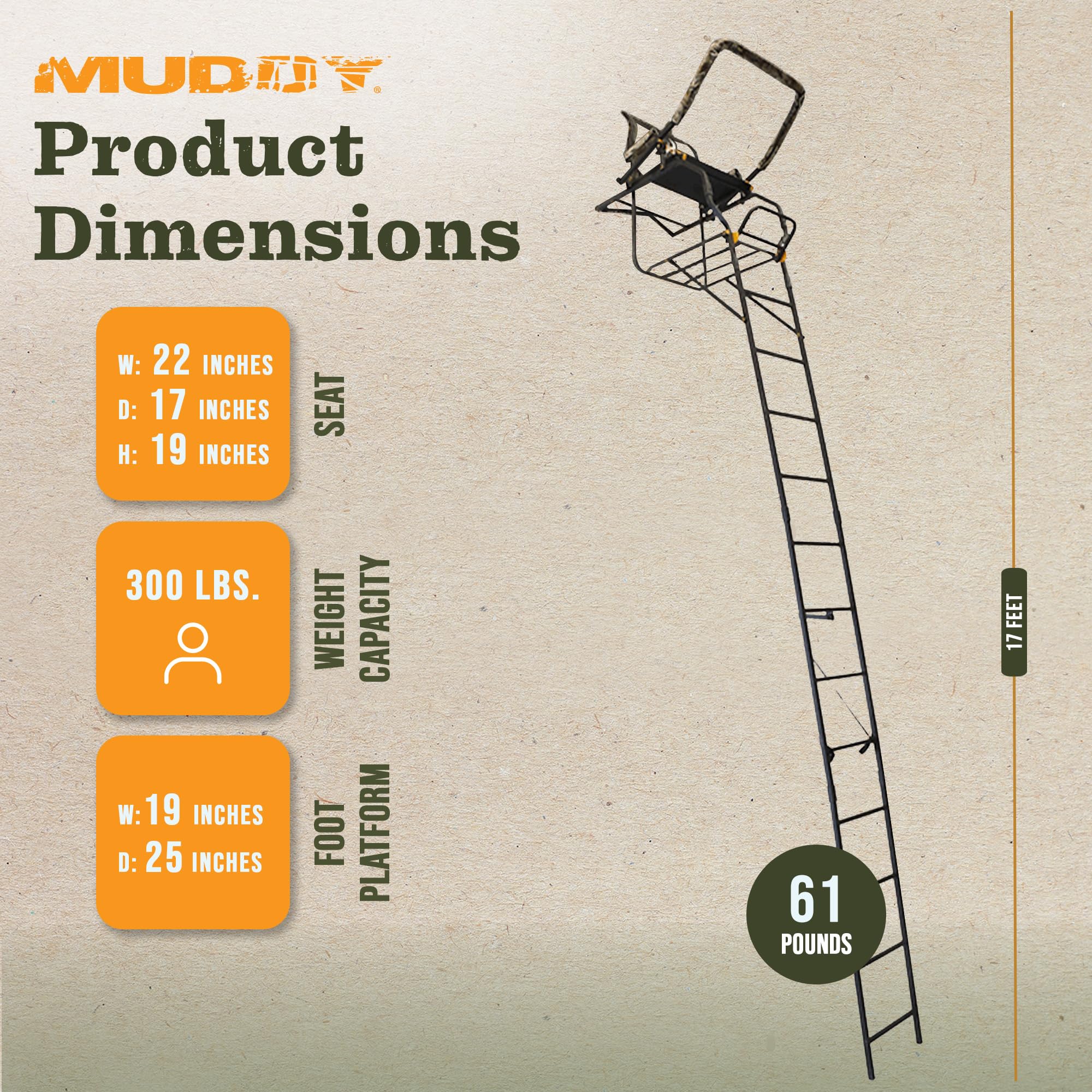 1-Person MUDDY Huntsman Deluxe Steel Ladder Tree Stand, 17 ft Tall, 300 lb Capacity - Heavy-Duty Hunting Treestand with Lumbar Support Seat, Flip-Back Adjustable Shooting Rail & Silencer Technology