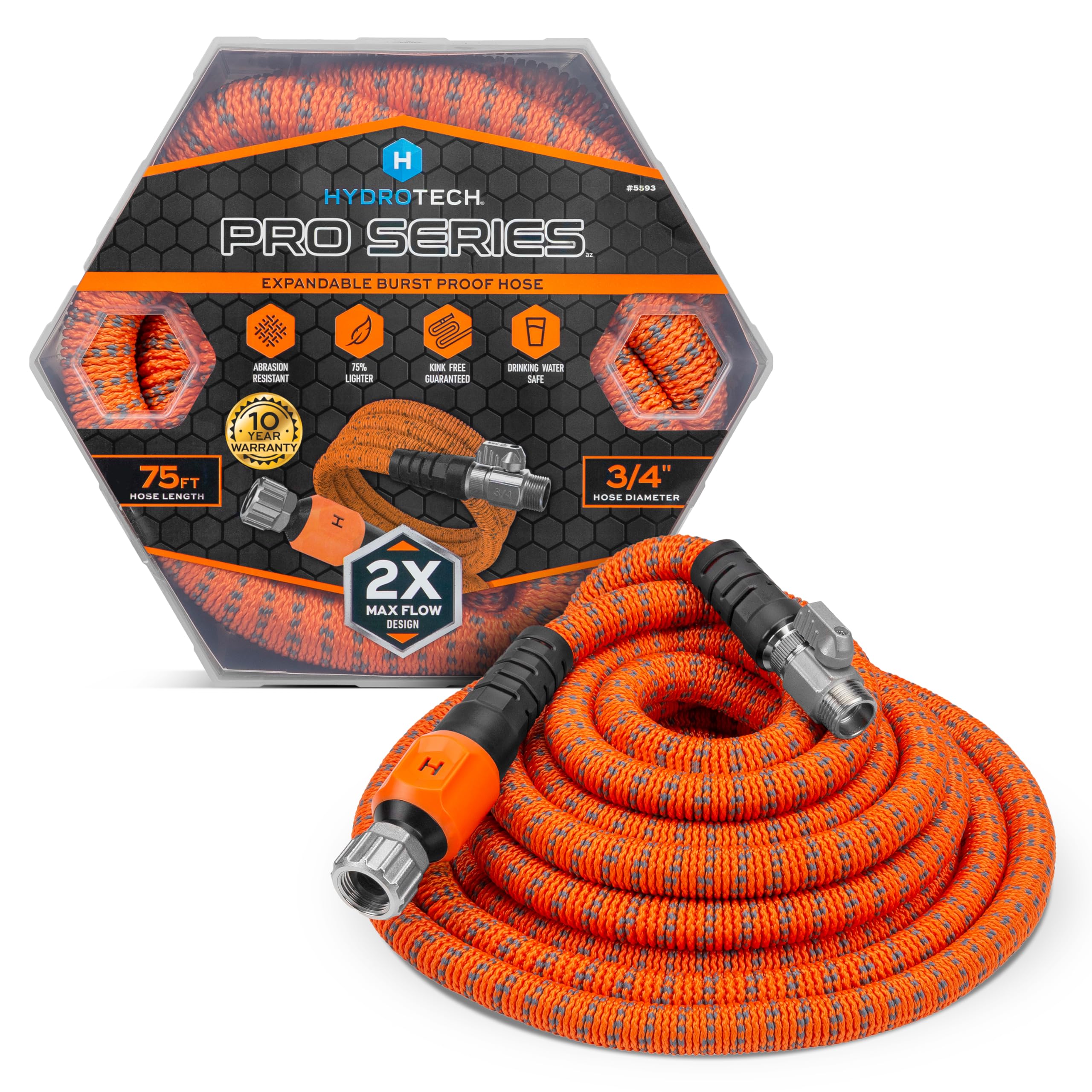 75 ft HydroTech Expandable Garden Hose - Pro Series, 2x Max Flow, 3/4" No-Kink Flexibility, Lightweight Hose for Lawn, Garden, Car Washing, Deck and Patio Cleaning