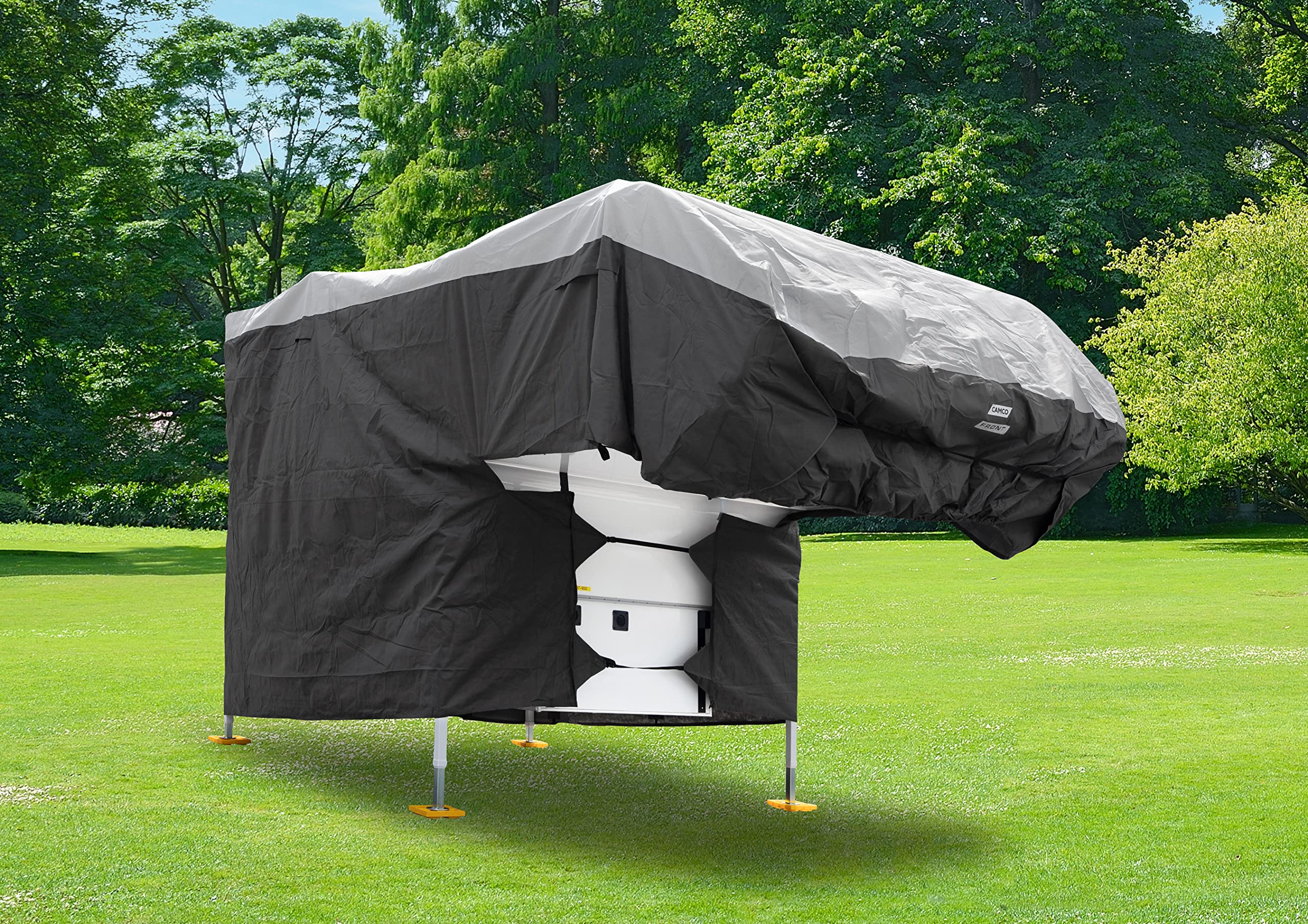 Camco Slide-in ULTRAGuard Camper Cover - Fits Slide-in Campers Up to 19' 8" - Near Custom Fit RV Cover Features Zipper Entry Doors & Covered Air Vents - Storage Bag Included (45773)