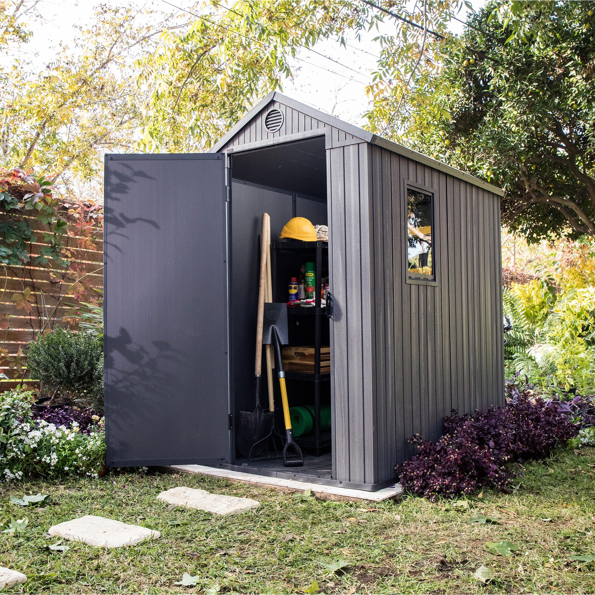 Keter 4x6 Feet Darwin Outdoor Storage Shed, Graphite Gray – Lockable Resin Organizer Unit with Single Door, Window, and Skylight for Backyard, Garden, or Lawn Organization