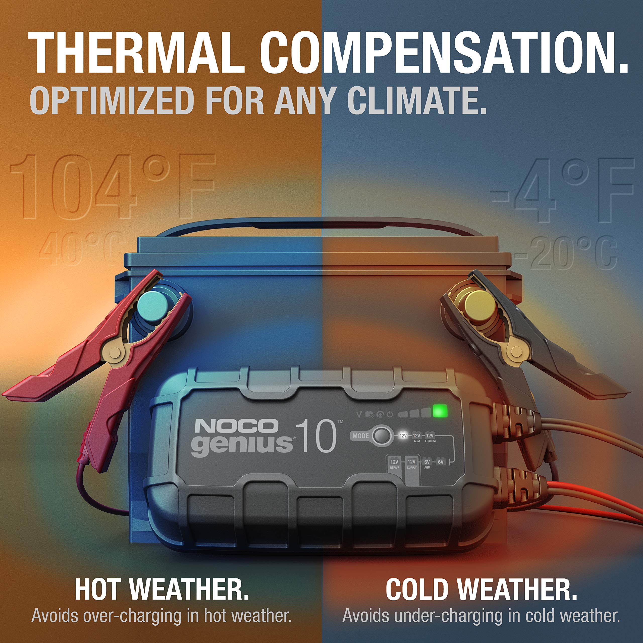 GENIUS10 NOCO: 10A 6V/12V Smart Battery Charger – Automatic Maintainer, Trickle Charger & Desulfator with Overcharge Protection & Temperature Compensation – for Lead-Acid & Lithium Batteries