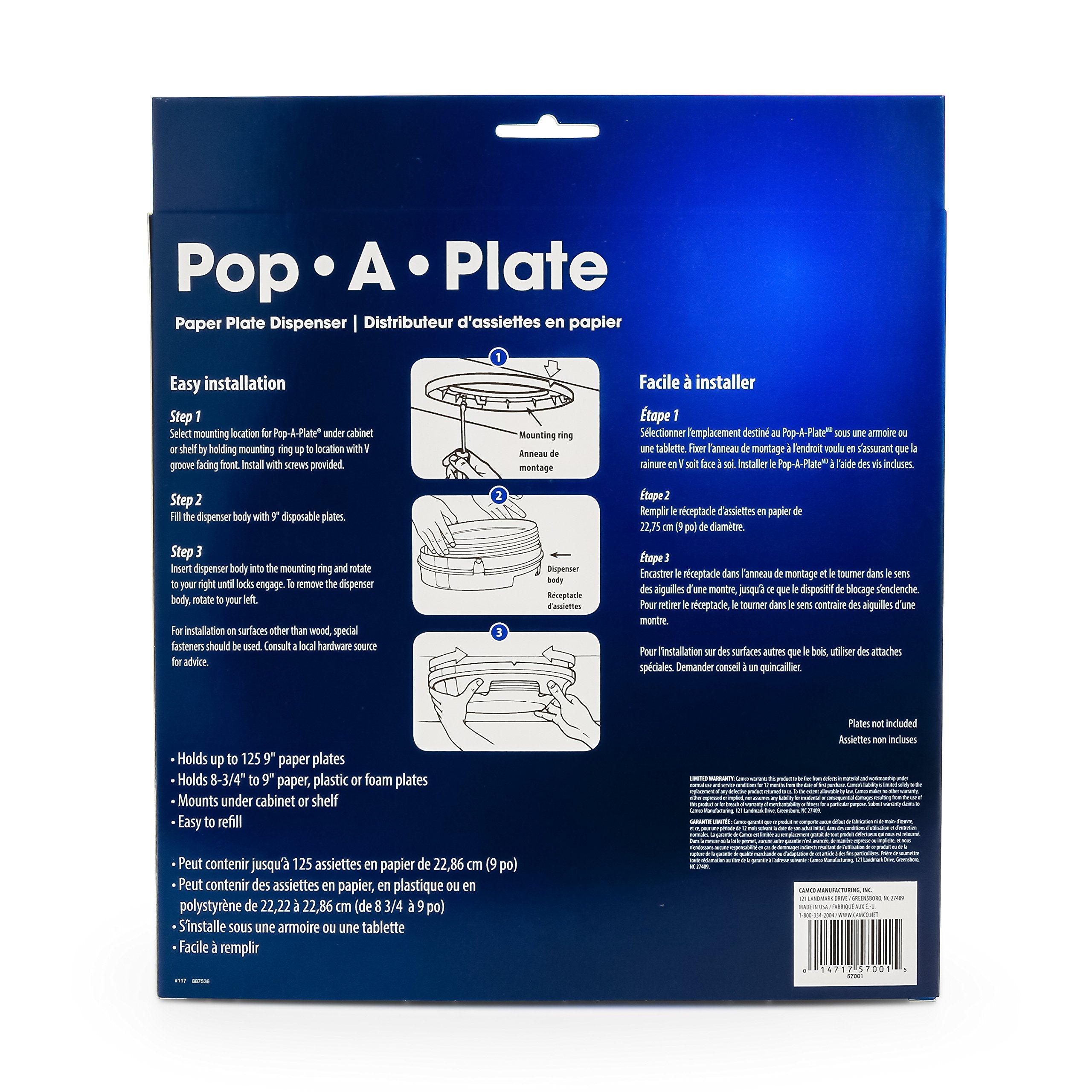 Pop-A-Plate Camco 9-inch Plastic Plate Dispenser | Ideal for Compact Spaces, RVs and Trailers | Mounts Under Cabinets or Shelves | Black (57006)