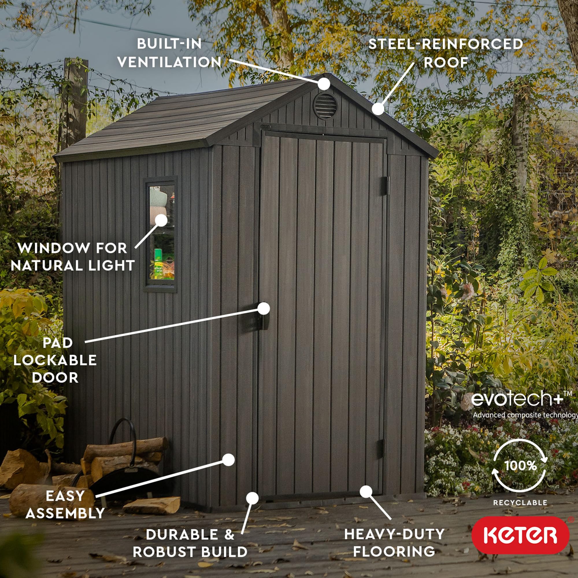 Keter 4x6 Feet Darwin Outdoor Storage Shed, Graphite Gray – Lockable Resin Organizer Unit with Single Door, Window, and Skylight for Backyard, Garden, or Lawn Organization