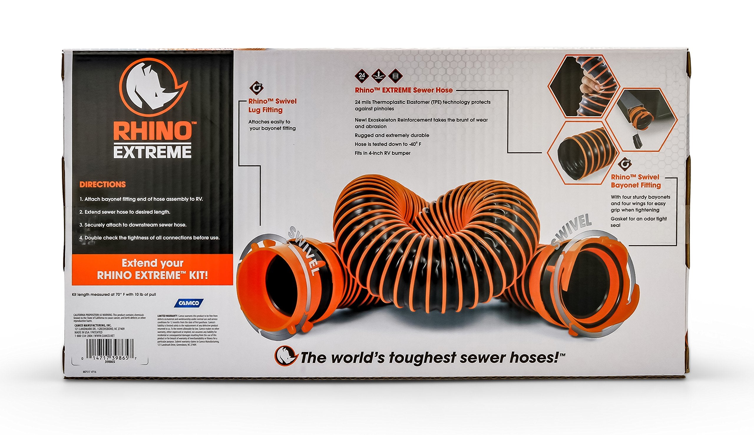 Camco 5-Foot RhinoEXTREME Camper/RV Sewer Hose - Features TPE Technology for Abrasion Resistance and Crush Protection - Includes Pre-Attached Rhino Swivel Fittings (39865)