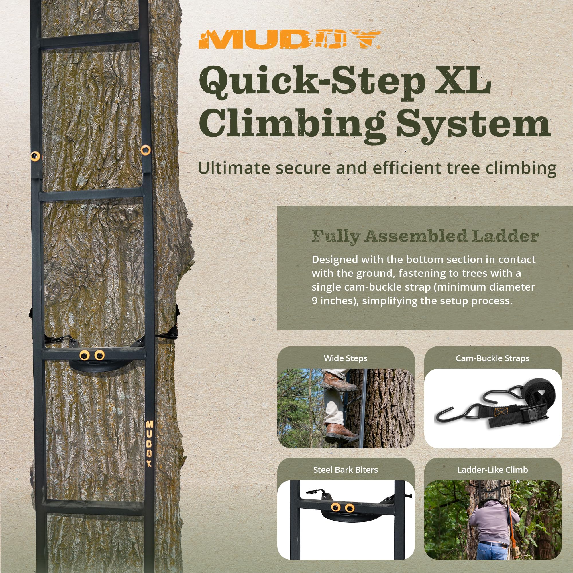 Quick Step XL MUDDY Climbing Step Ladder Tree Climbing Gear, Deer Hunting Accessories for Tree Stands and Elevated Deer Blinds