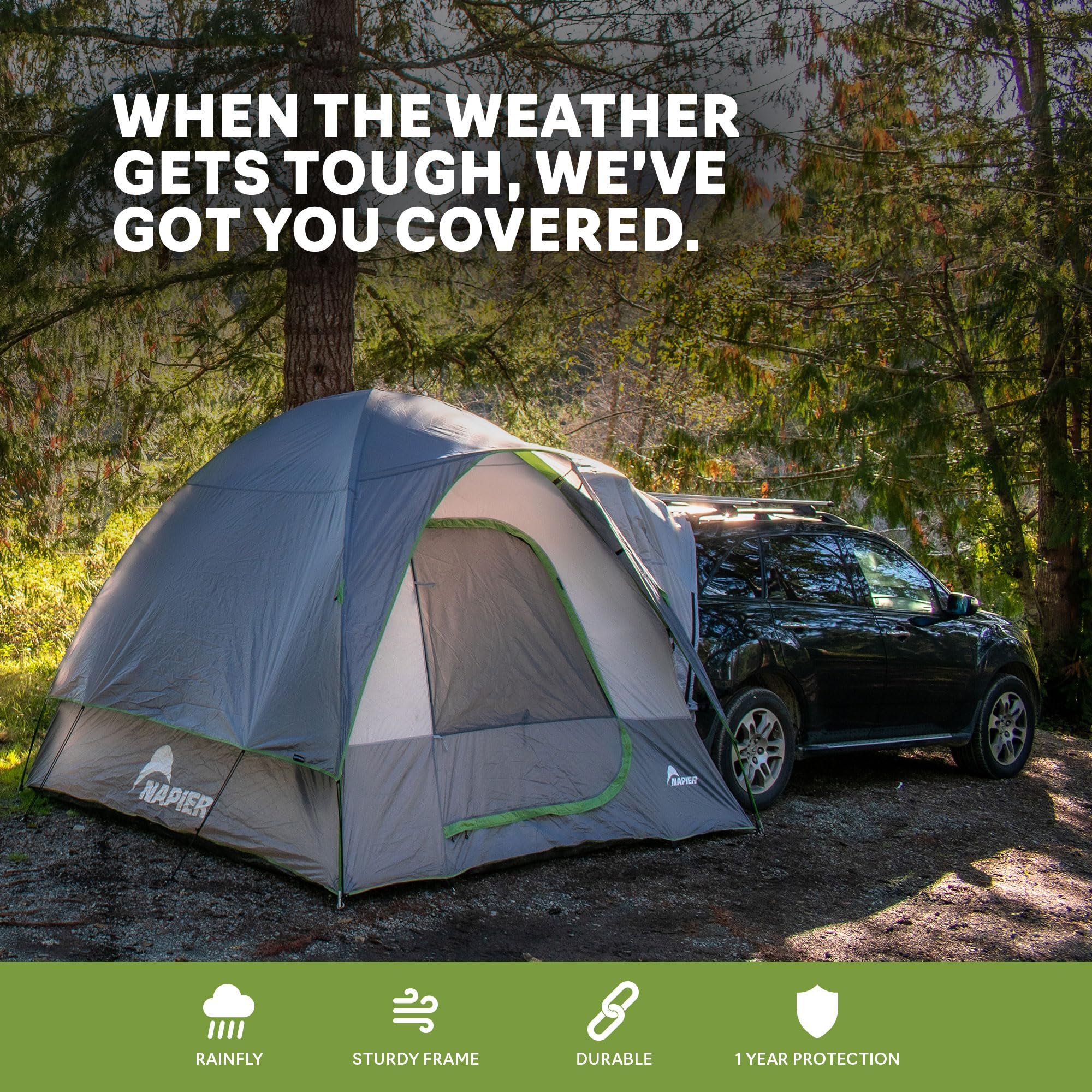 Napier SUV Backroadz Tent | 10' x 10' Vehicle Camping Tent | Fits All CUVs, SUVs, and Minivans​ | Sleeps 5 | Spacious, Durable, Easy Set-up | Gray/Green | Model 19100