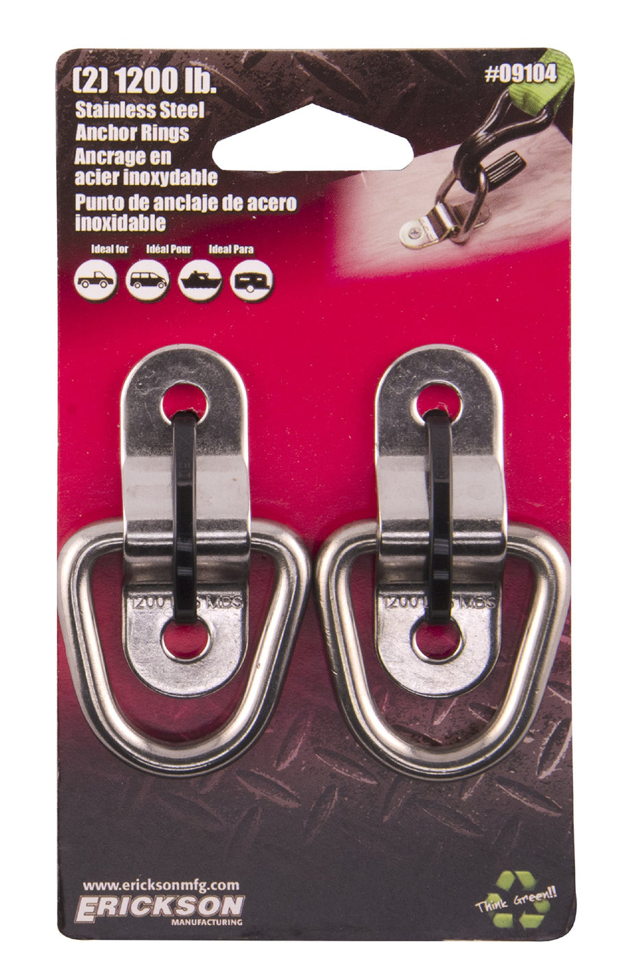 Stainless Steel Erickson 09104 Anchor - 1200 lb. Load Capacity, (Pack of 2)