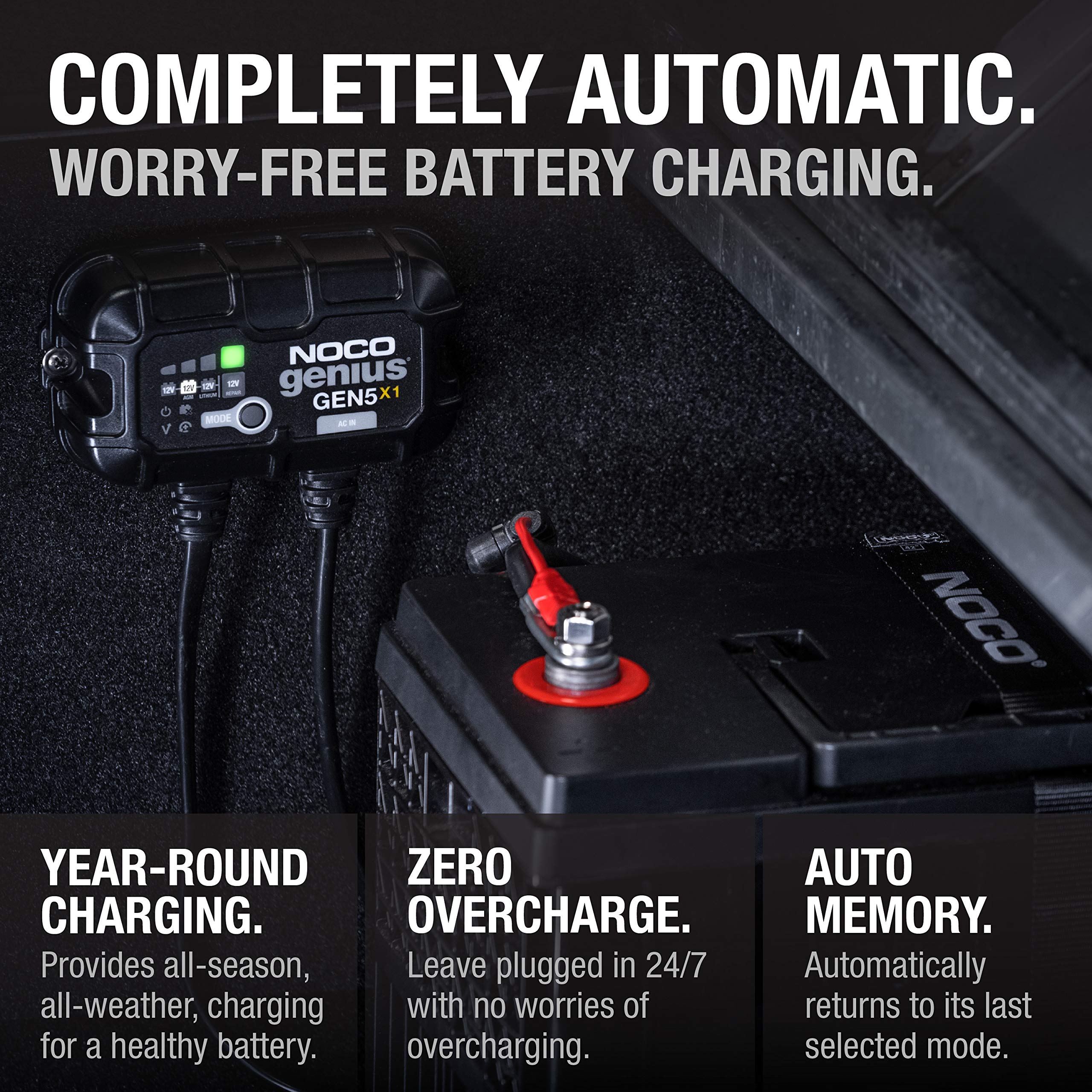 GEN5X1 NOCO Genius: 1-Bank, 5A Onboard Battery Charger - 5A Per Bank, 12V Waterproof Marine Charger with Overcharge Protection & Temperature Compensation – for Lead-Acid & Lithium Batteries