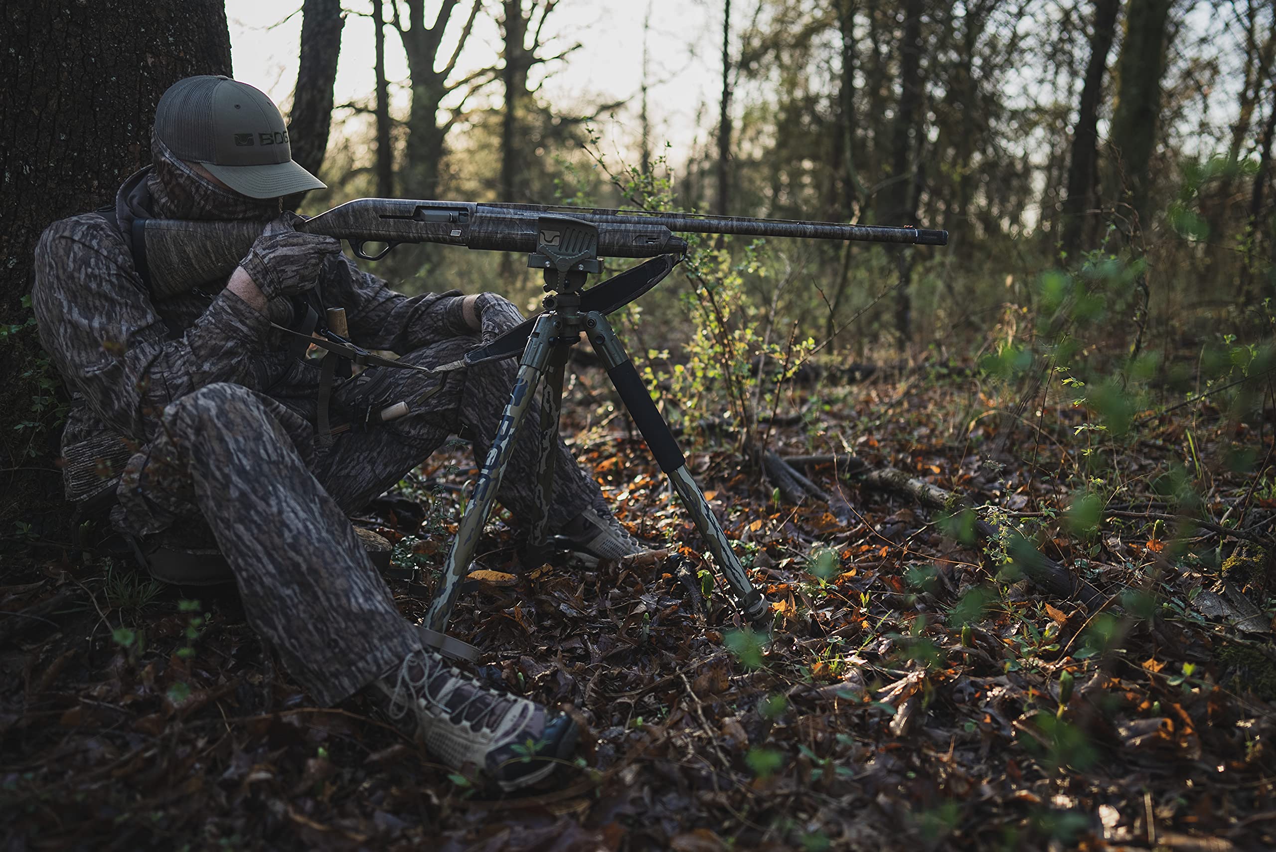 DeathGrip BOG Mossy Oak Bottomland Camo Tripod with Durable Aluminum Frame, Lightweight, Stable Design, Bubble Level, Adjustable Legs, and Hands-Free Operation for Hunting, Shooting, and Outdoors