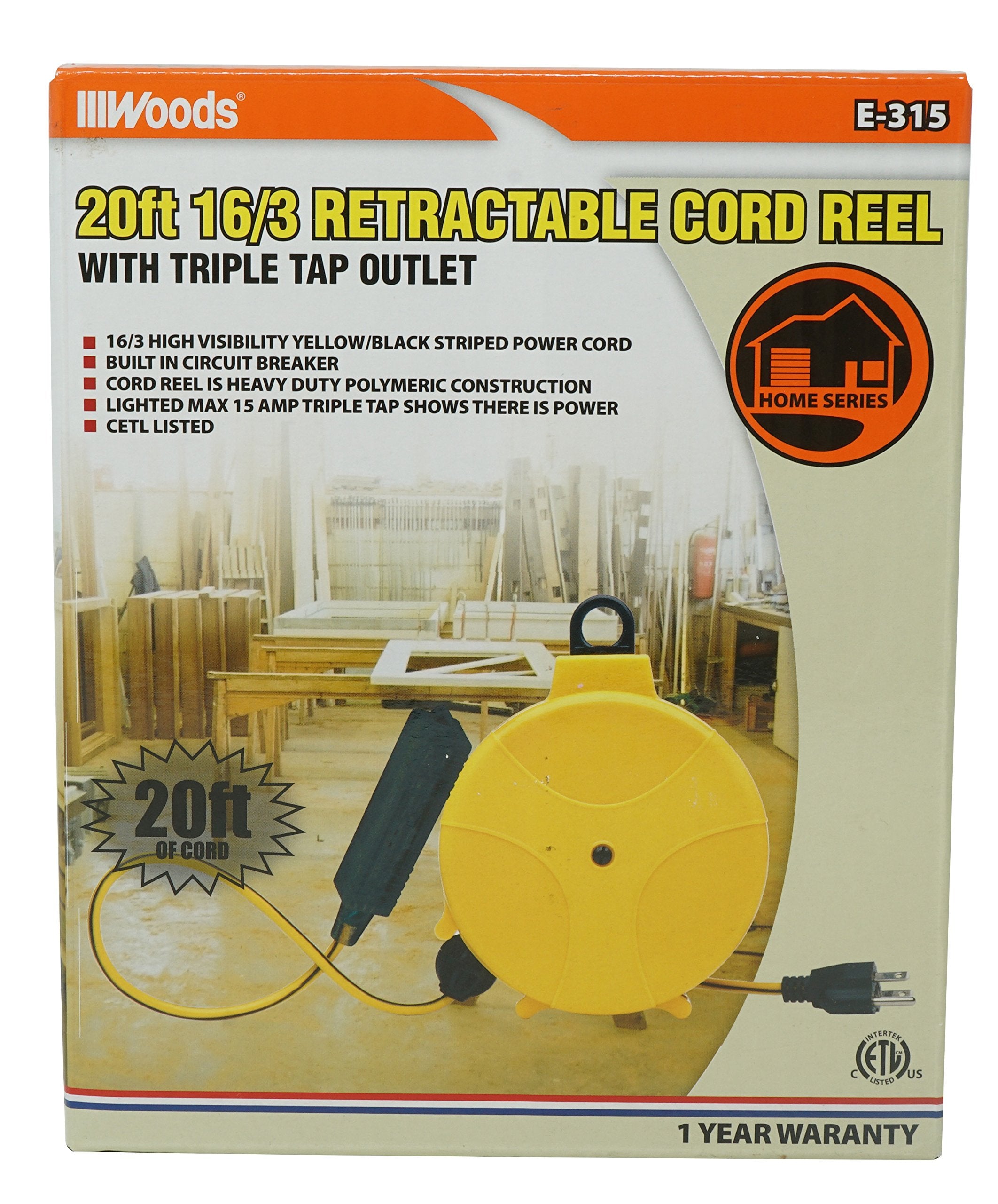 Retractable Southwire Extension Cord Reel - Three Grounded Outlets on Power Block for Multiple Devices - Tangle-Free Design with Smooth Retraction - Yellow - 20 Feet