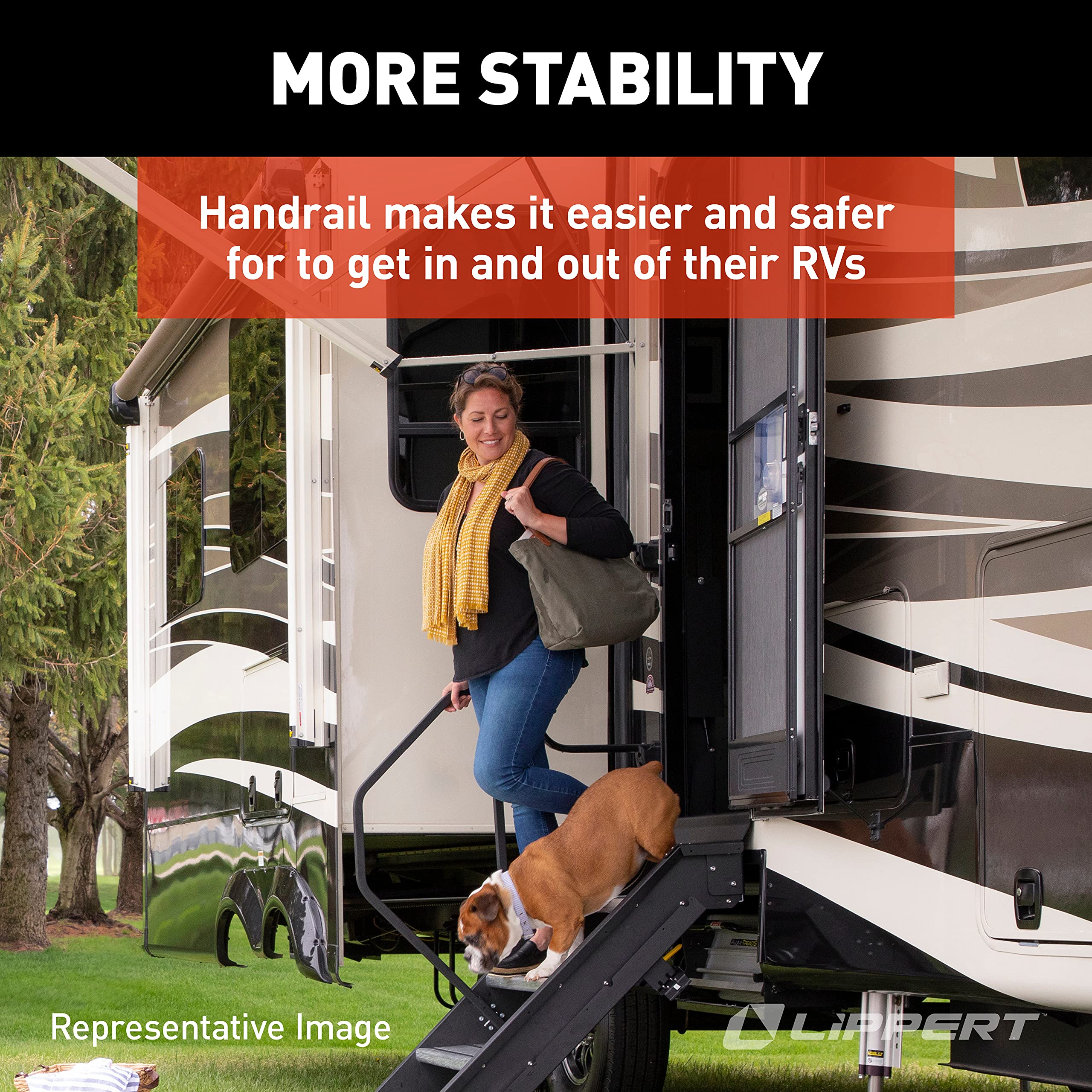 Lippert Entry Assist Handrail Solid Step, Accommodates Door Widths up to 36”, Easy Installation, Locking Pins for 5” Adjustment, for 5th Wheel RVs, Travel Trailers, Motorhomes - 799640, Black